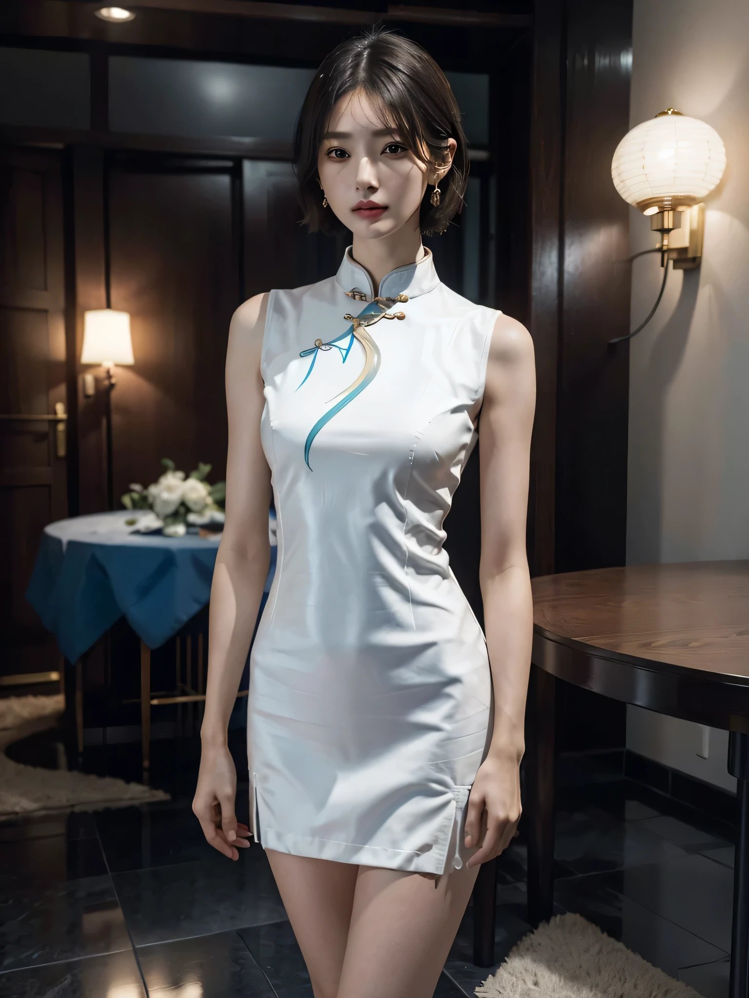 absurderes, Raw photo, Extremely delicate and beautiful, masutepiece, Best Quality, Ultra High Resolution, 16 K, hyper realisitic, Ultra-detailed, Perfect Anatomy, Ultra-detailed細なスキン, Perfect figure, Very detailed CG 8k wallpaper, in her 20s, Very slim body, Narrow waist, Very small head, Very small face, Delicate facial features, tear moles, Earring, thin legs, ((very massive round chest)), bright white hair, Girls, (((Full body shot))), Short hair, Wavy Hair, ((Color cheongsam)),