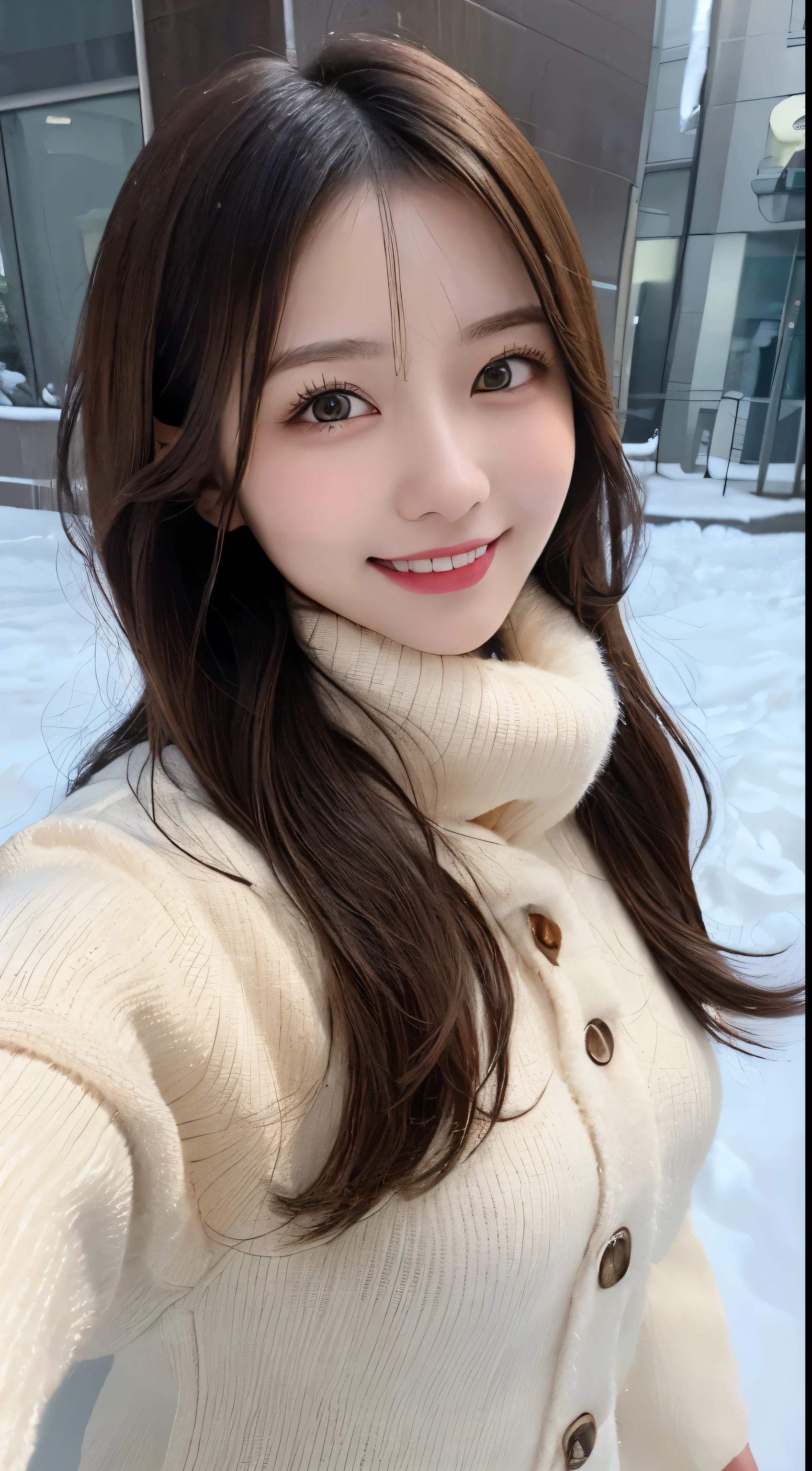 masutepiece, Best Quality, Illustration, Ultra-detailed, finely detail, hight resolution, 8K Wallpaper, Perfect dynamic composition, Beautiful detailed eyes,Medium Hair,small tits,Natural Color Lip, Bold sexy poses,Smile、20 years girl、Cute、Sexy shot looking at camera,Randomly change costumes(Trendy women's winter clothes)