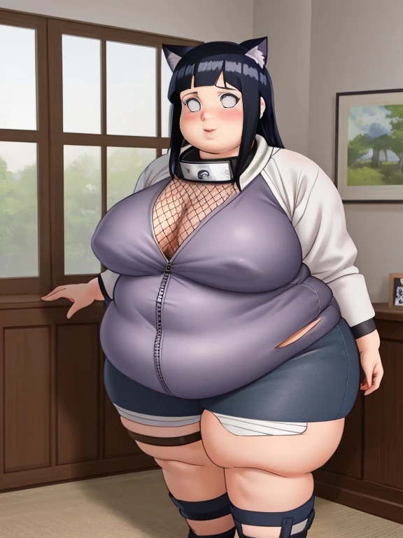 Masterpiece, 4k, highres, high Quality, detailed face, detailed body render, obese 1girl, solo, obesehyuuga hinata, hinata-sleeveless-outfit, large breasts, neko ears in head, big breast, sleeveless shirt, fishnet top, dark lips, unzipped jacket, no bra, obese belly, thick thighs, fat arms, fat butt, big cheeks, cute and fat face, breasts out, nipple, standing, blushes, (on bedroom)