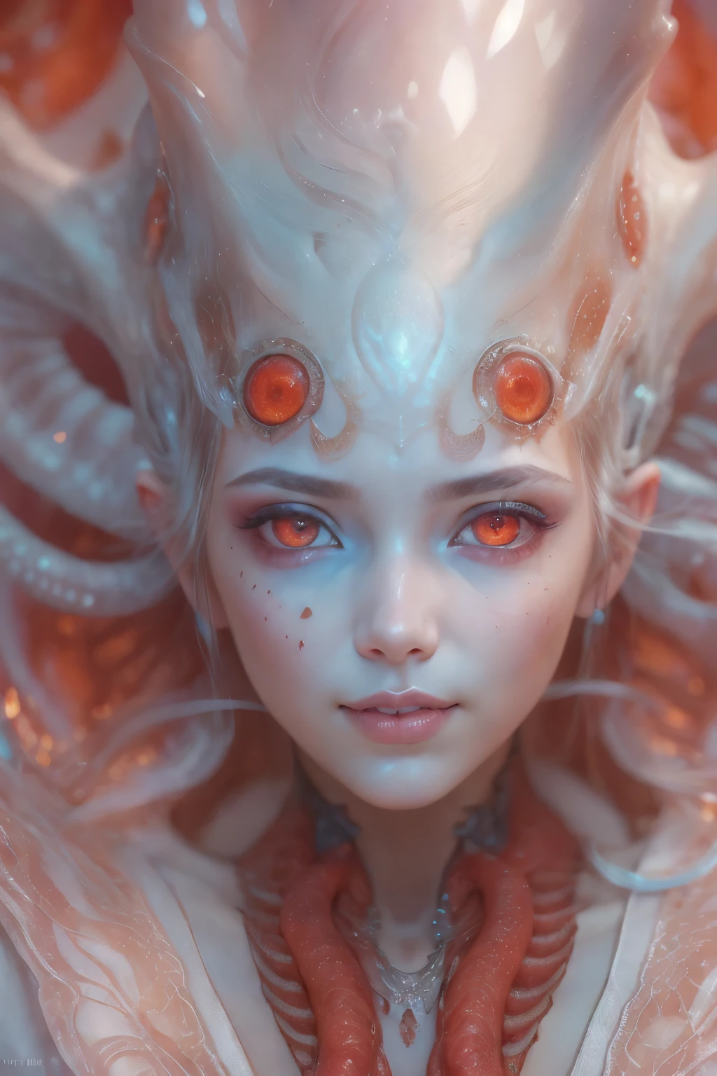 Portrait, (beautiful female alien:1.2), (There is a female genital-like organ in the middle of the forehead.:1.8), (The most beautiful face in the history of the universe:1.2), (scarlet eyes:1.6), (Translucent skin:1.8), an evil gaze that seduces, (red eyes:1.5), lick one's tongue in front of one's prey, Full body like, (bio luminescent:1.2), (Smile wickedly:1.3), (sexypose:1.5), alien, No humans, cells are fused, (Lots of translucent tentacles:1.1) (Translucent skin:1.3), extraterrestrial, cell, bio image, 魅惑的, Best Quality, 8K,4K_quality, High Definition, Dramatic Lighting, masutepiece:1.5,cinematic quality, detail up, (Intricate details:1.2), High resolution, High Definition, drawing faithfully, (Thick eyebrows:1.2), Beautiful eyes with fine symmetry, (Ultra detailed eyes:1.2),(Highly detailed face and eyes:1.2), (High-resolution red-eye:1.4), Intimate face, (Super detailed skin quality feeling:1.4), Perfect Anatomy, (Beautiful toned body:1.5), (Moist skin:1.2), No makeup, (dark circles:1.1), long canines, cinematic drawing of characters, ultra high quality model, cinematic quality, detail up, (Intricate details:1.2), High resolution, High Definition, drawing faithfully, Official art, Unity 8K wall , 8K Portrait, Best Quality, Very High resolution, ultra detailed artistic photography, midnight aura, unreal enginee 5, Ultra Sharp Focus, art by alberto seveso, ArtGerm, Roisch, intricate artwork, Medusa, best quality, masutepiece, ultra High resolution, (photos realistic:1.4), Ultra-realistic realism, dream-like, nautilus, Creation of fantasy, Snail, Dream Snail, biopunk nautilus, Thrilling color schemes, Ultra-realistic realism, seductively smiling, Blue tentacles