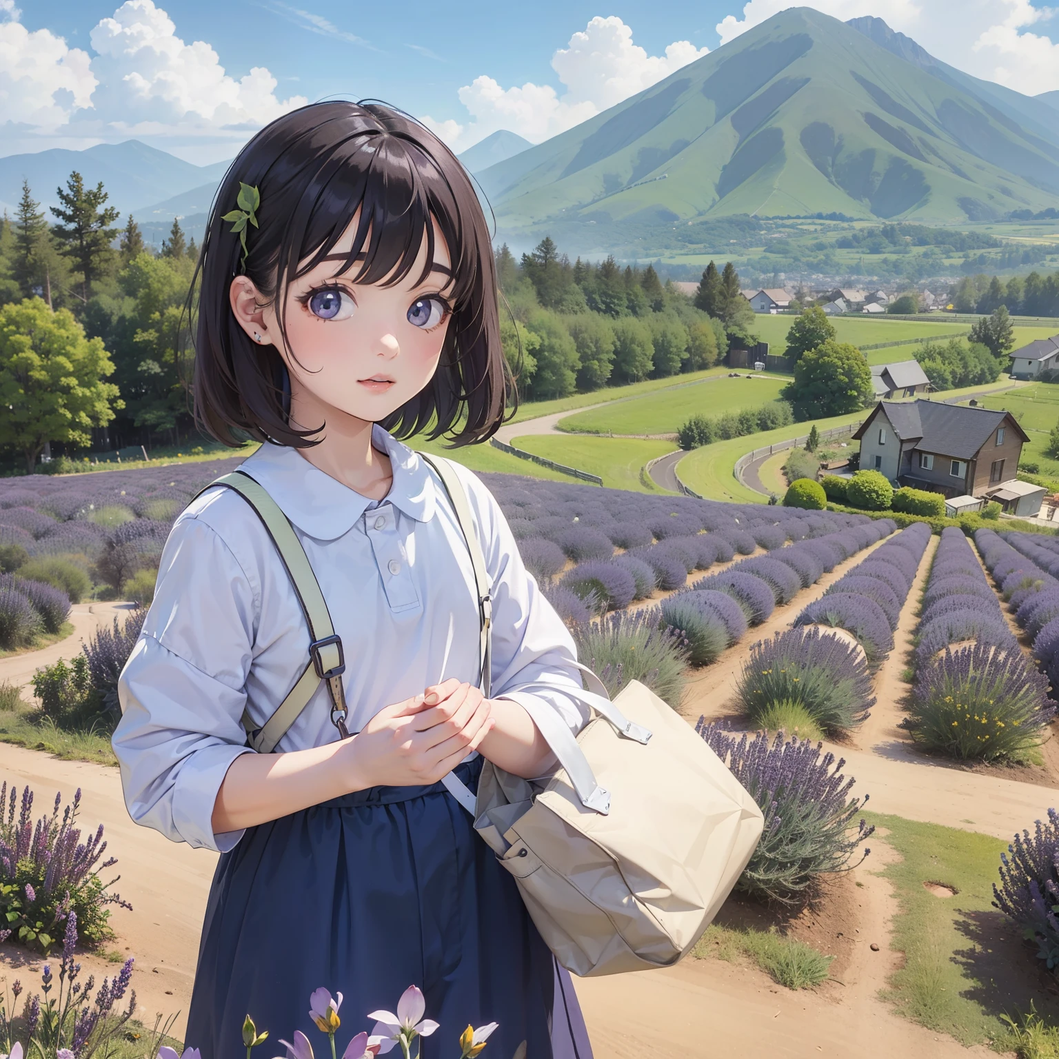  girl in lavender field, Far Mountain, house.