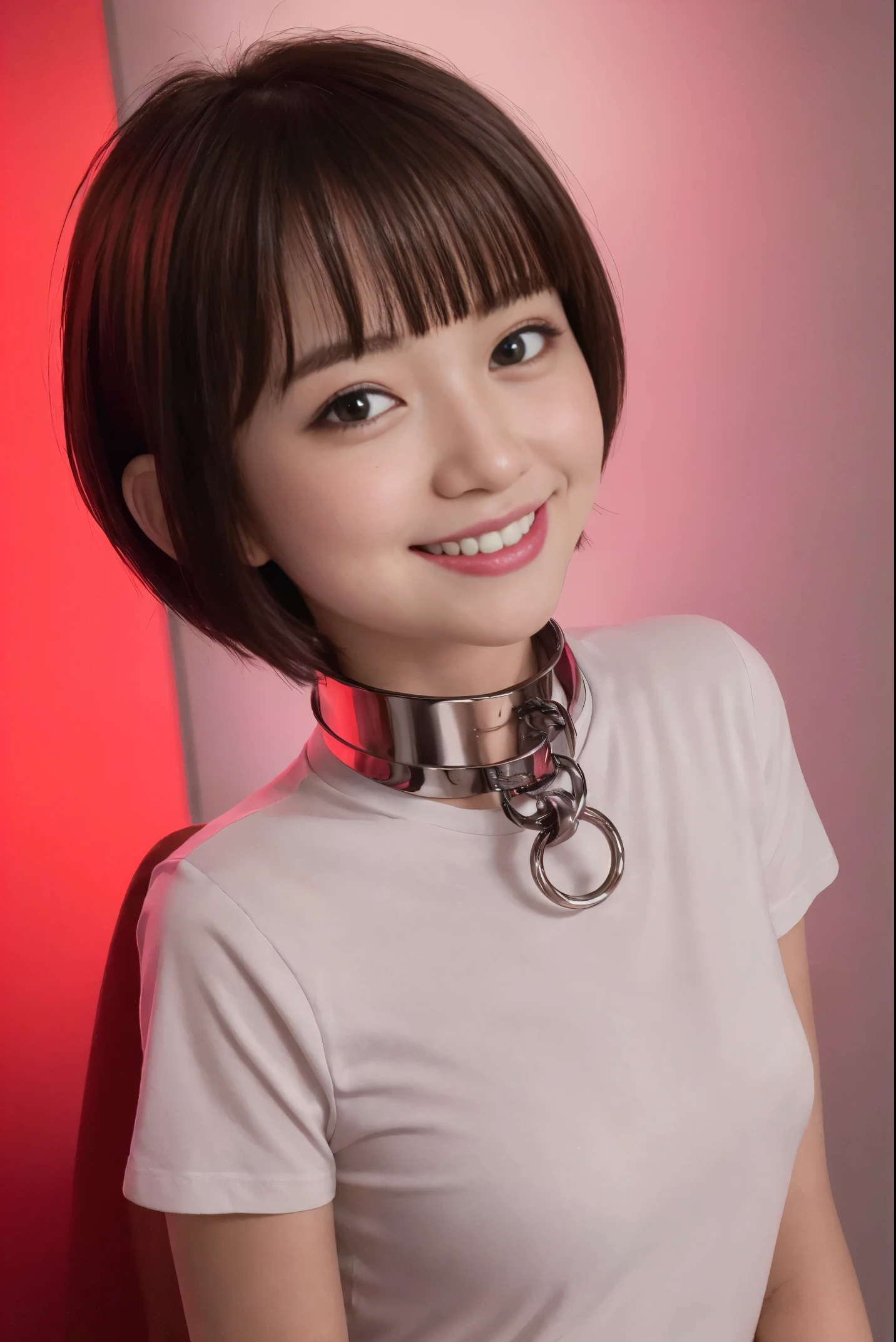 (8K, An ultra-high picture quality,top-quality),(​masterpiece:1.5),face,looking at viewer,(simple background),femele,short sleeved shirt,((Iron collar)),((short hair))red blush,a smile