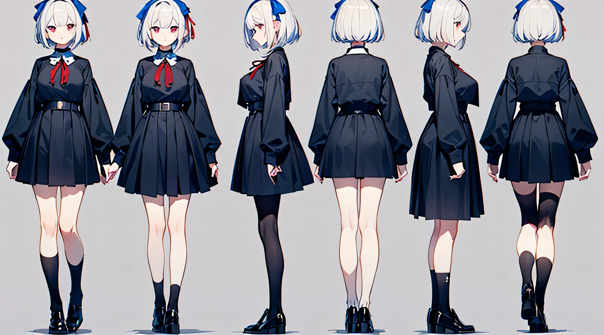 (Same character, front, side, back), (full body), (((multiple views of the same character))), simple background! , White hair, Bob Hair, teens girl, clean big breasts, blue and red eyes, ribbon, skirt,