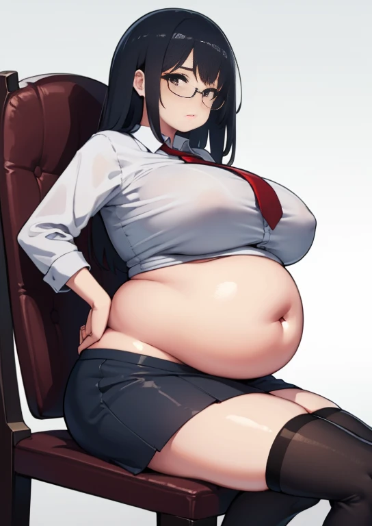 (masterpiece, best quality), 1girls, big belly, blurry background, huge belly, art by kipteitei, round belly, chubby, curvy, white button-up shirt, skirt, thighhighs, simple_background, gradient_background, belly bursting out of shirt, belly grab, enormous belly, fat belly, thicc, bigger belly, sitting on chair, really big belly, jiggly belly, shirt covering belly, belly cover by shirt, glasses
