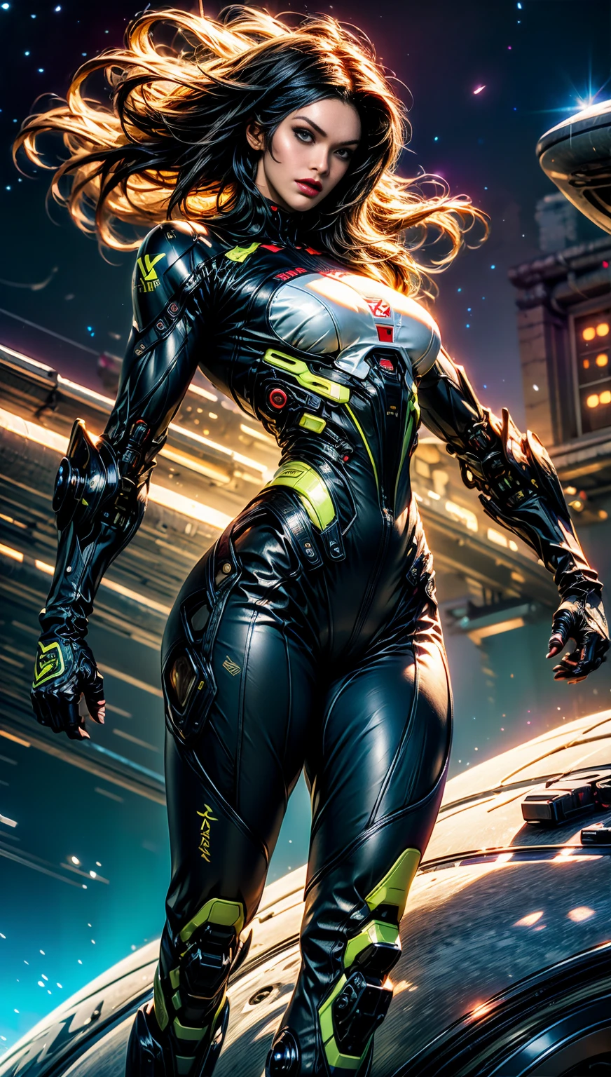 A young woman with a baby face, muscular cybernetic body, huge lips, wide upper body, narrow hips, and long thin legs in a cyber leotard, full body shot, (best quality,4k,8k,highres,masterpiece:1.2),ultra-detailed,(realistic,photorealistic,photo-realistic:1.37),HDR,UHD,studio lighting,ultra-fine painting,sharp focus,physically-based rendering,extreme detail description,professional,vivid colors,bokeh,portrait, MeganF_SoloTI_v1