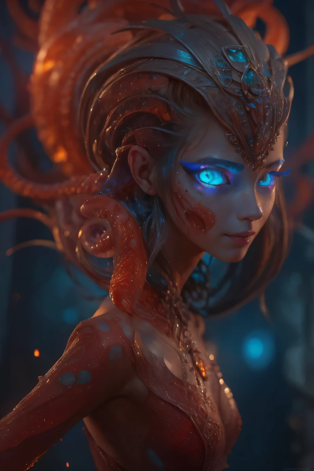 scary and sexy detailed art in color, Portrait, (beautiful and obscene female alien:1.4), (vulgarity1.7), (she has red eyes with no pupils:1.8), (Translucent skin:1.7), (There is a female genital-like organ in the middle of the forehead:1.9), (The most beautiful face in the history of the universe:1.2),an evil gaze that seduces, (large mouth:1.1), (sharp teeth like a vampire:1.2), Full body portrait, (bio luminescent:1.5), (Smile wickedly:1.3), (sexypose:1.5), alien, No humans, cells are fused, (Lots of translucent tentacles:1.3) extraterrestrial, cell, bio image, best quality, 8K,In 4K_quality, High freshness, Dramatic Lighting, masutepiece:1.5,cinematic quality, detail up, (exquisite details:1.2), high resolution, High freshness, drawing faithfully, (Thick eyebrows:1.2), Beautiful eyes with fine symmetry,(Highly detailed face and eyes:1.2), Intimate face, (Super detailed skin quality feeling:1.4), perfect anatomy, (Beautiful toned body:1.5), (Moist skin:1.2), not wearing makeup, (dark circles:1.1), long canines, cinematic drawing of characters, ultra high quality model, cinematic quality, detail up, (exquisite details:1.2), high resolution, High freshness, drawing faithfully, official art, Unity 8K Wall paper, best quality, Very high resolution, ultra detailed artistic photography, midnight aura, unreal engine 5, Ultra Sharp Focus, art by Amano Yoshitaka, ArtGerm, Roisch, intricate artwork, best quality, masterpiece, ultra high resolution, (photos realistic:1.4), ultra realistic realism, dream-like, nautilus, Creation of fantasy, Snail, Dream Snail, (biopunk nautilus:1.3),Thrilling color schemes, ultra realistic realism, seductively smiling, Blue tentacles, Amazing mutation, well-proportioned body, goddess of the deep sea