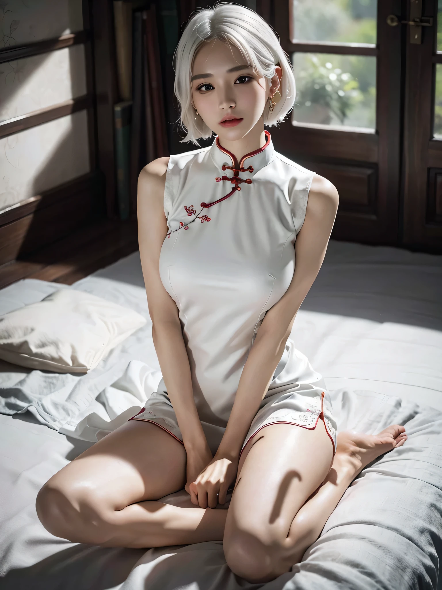 absurderes, Raw photo, Extremely delicate and beautiful, masutepiece, Best Quality, Ultra High Resolution, 16 K, hyper realisitic, Ultra-detailed, Perfect Anatomy, Ultra-detailed細なスキン, Perfect figure, Very detailed CG 8k wallpaper, in her 20s, Very slim body, Narrow waist, Very small head, Very small face, Delicate facial features, tear moles, Earring, thin legs, ((very massive round chest)), bright white hair, Girls, (((Full body shot))), Short hair, Wavy Hair, ((red overall cheongsam)),