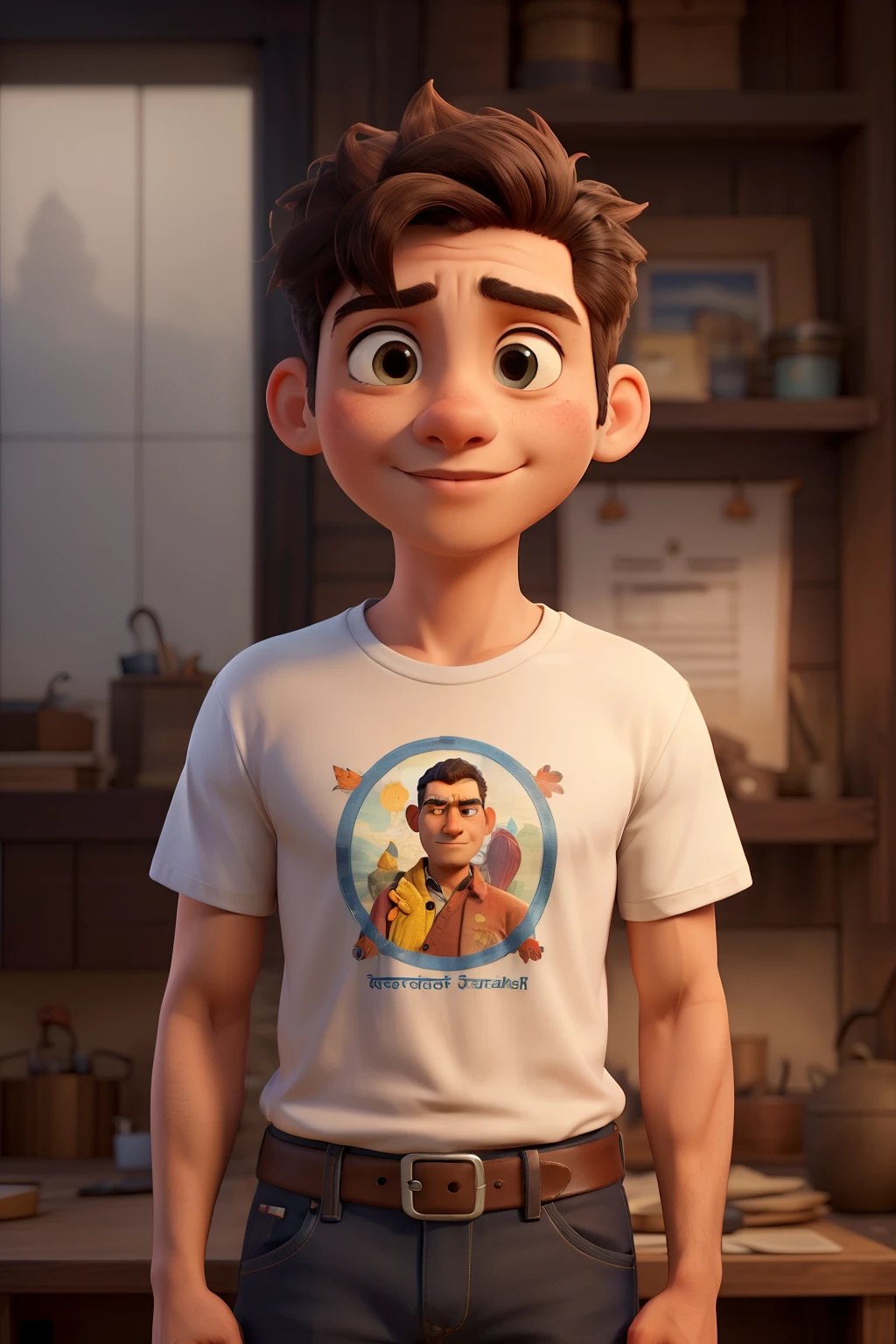((best quality)), ((masterpiece)), make a indian character with full clothes, a calm expression, wise looking, wearing t-shirt, looking straight at the viewer, straight eyes