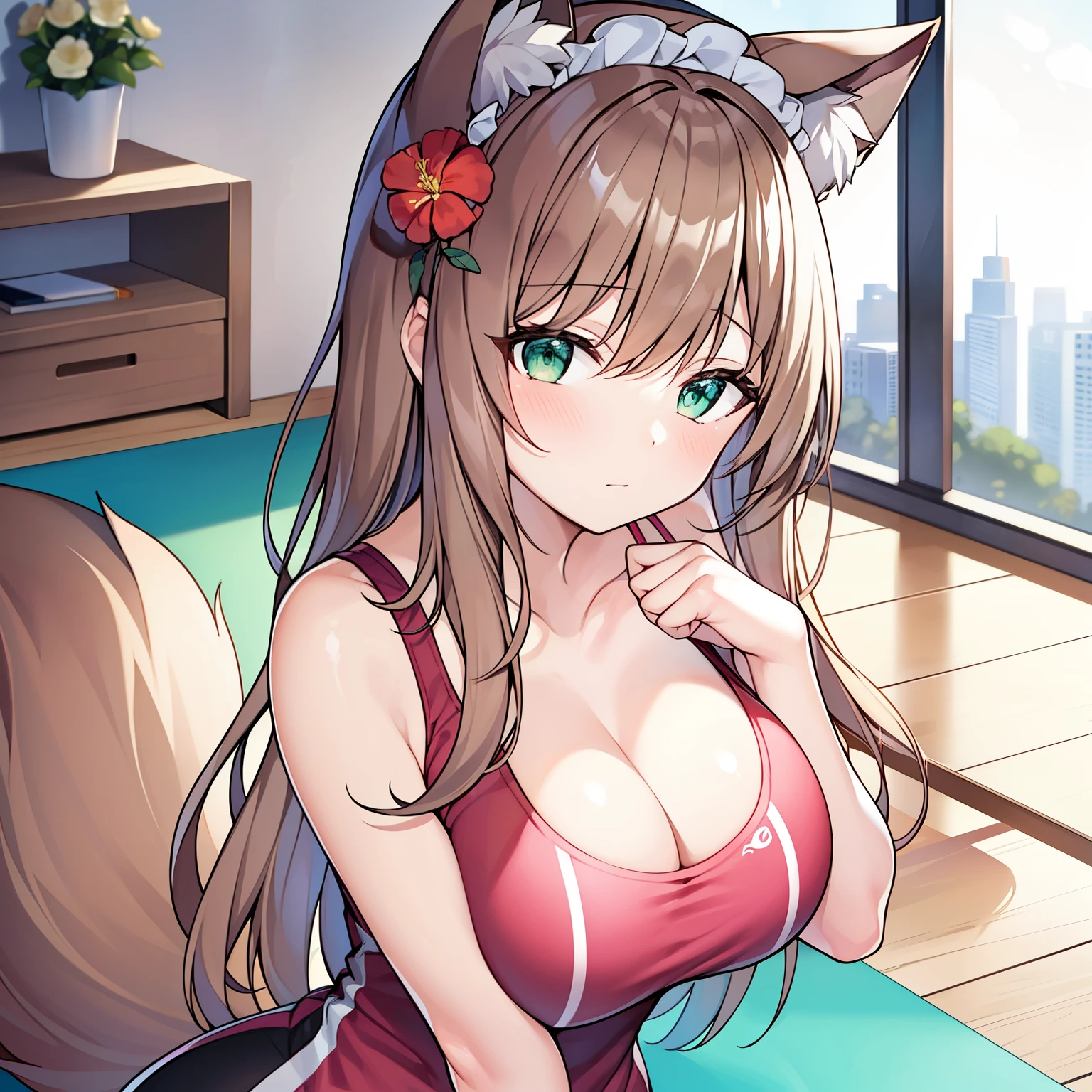 (tmasterpiece, Best quality at best, A high resolution), 1 girl, Alone, Oversized fox tail,Green-eyed,(Brown hair long_Side French brmall),Floral headdress, (27years old,Busty wife)_F Cup,modernn architecture, 摩洛解放阵线,On The Home,sitting on yoga mat, Wear sportswear,Do difficult moves,Close-up of upper body,