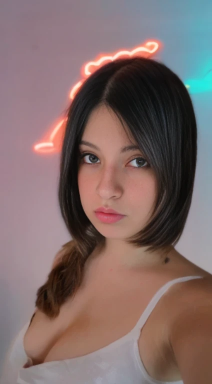 ((Masutepiece)), ((La mejor calidra detallado), ((kawaii)), Lindo, (bonito), ((sexy)), (era), ((extremadamente detallado)), 4k, (8k), La mejor calidad, (Beautiful), enfoque en el rostro, delgada, cabello negro, delgada, pelo hermoso, clara, enfoque en el cuerpo, manos ocultas, luces de neon, super detallado,full HD, rostro perfecto, anatomia perfecta