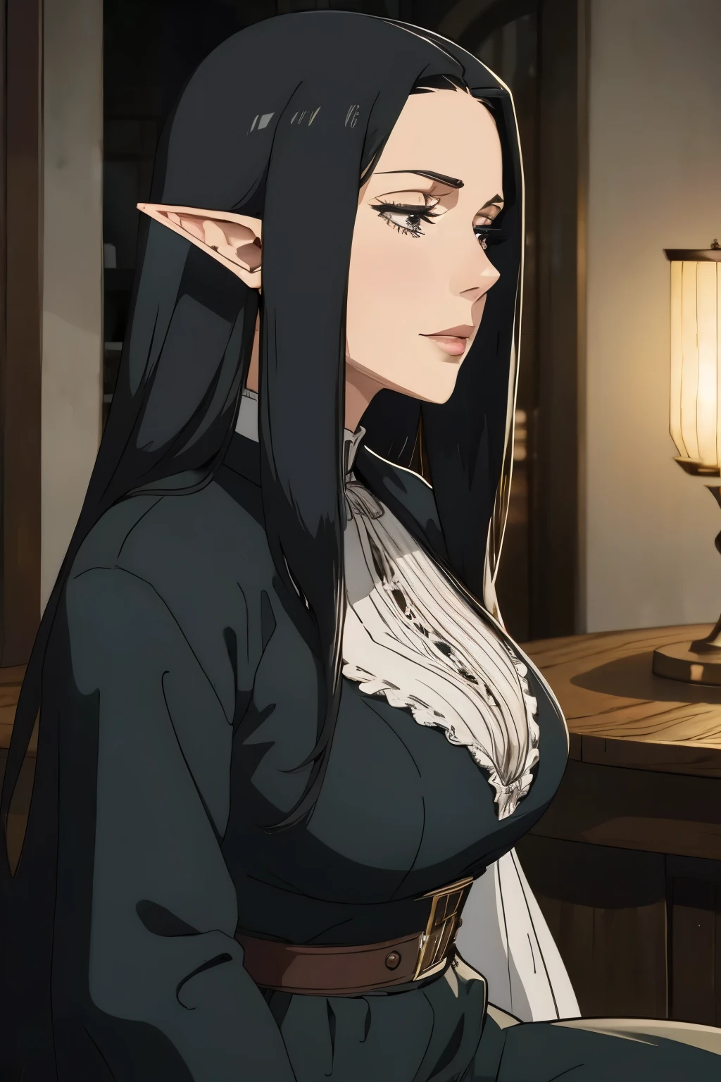 solo, (sophisticated victorian dress:1.0), ((masterpiece)),((high resolution)),((best quality)), extremely fine and beautiful, super fine illustration, (realistic skin), (insanely detailed anime eyes), milf, vivid and beautiful, shocking sensation, incredibly detailed, beautiful detailed girl, supple breasts, front view, facing at viewer, black hair, (elf), medium long elf ears, (see-through:0.5), covered, ((black hair)), (very long hair), profile, sitting, plump breasts, plump thighs, wide hips, movie lighting, perfect shadow, realistic lighting shaded