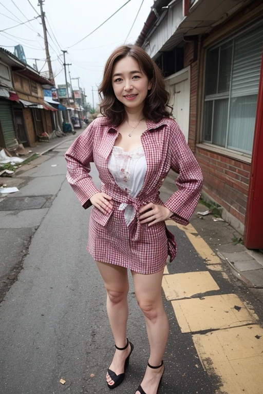 （high-level image quality、hightquality、hight resolution、​masterpiece、detaileds、8K）、（a matural female)、（Crying face）、（wearing a big collar）、 (Brown long-haired)、（messy curly hair)、(lean body)、(small udder)、（Wearing lingerie）、(Wearing a garter belt)、 (He is wearing a gingham check jacket.)、 （wearing a micro miniskirt）、(Wearing pin heels)、（Showing armpits)、(standing with hands on hips)、 (Holding something in your hand)、(The weather is cloudy、A dilapidated shopping street with no people)、（Things are scattered around:1.3)、(The background is cluttered)、