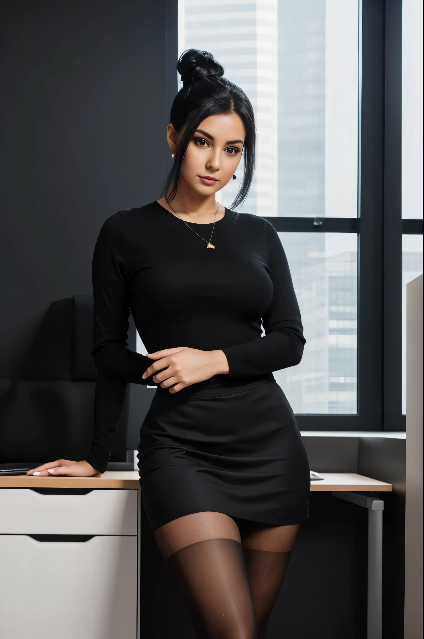 1woman, black hair, hair in a bun, angelic face, two piece sheath skirt, black office tights, black tights, high heels, female office secretary outfit, arms hugging chest, office cubical background, 8k uhd, dslr, soft lighting, high quality, photorealistic, realism, hyperrealism, art photography.