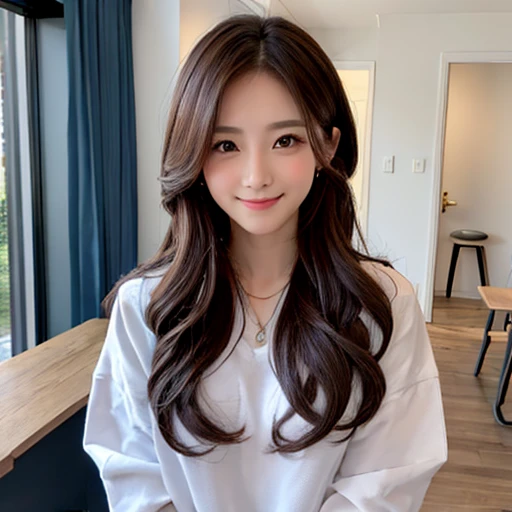 ((top-quality、8K、masuter piece:1.3))、1 female、a beauty girl:1.3、(Hairstyle Random、:1.2)、Plain clothe:1.2、in a house、hyperdetailed face、ultradetailed eyes、二重まぶた、A smile