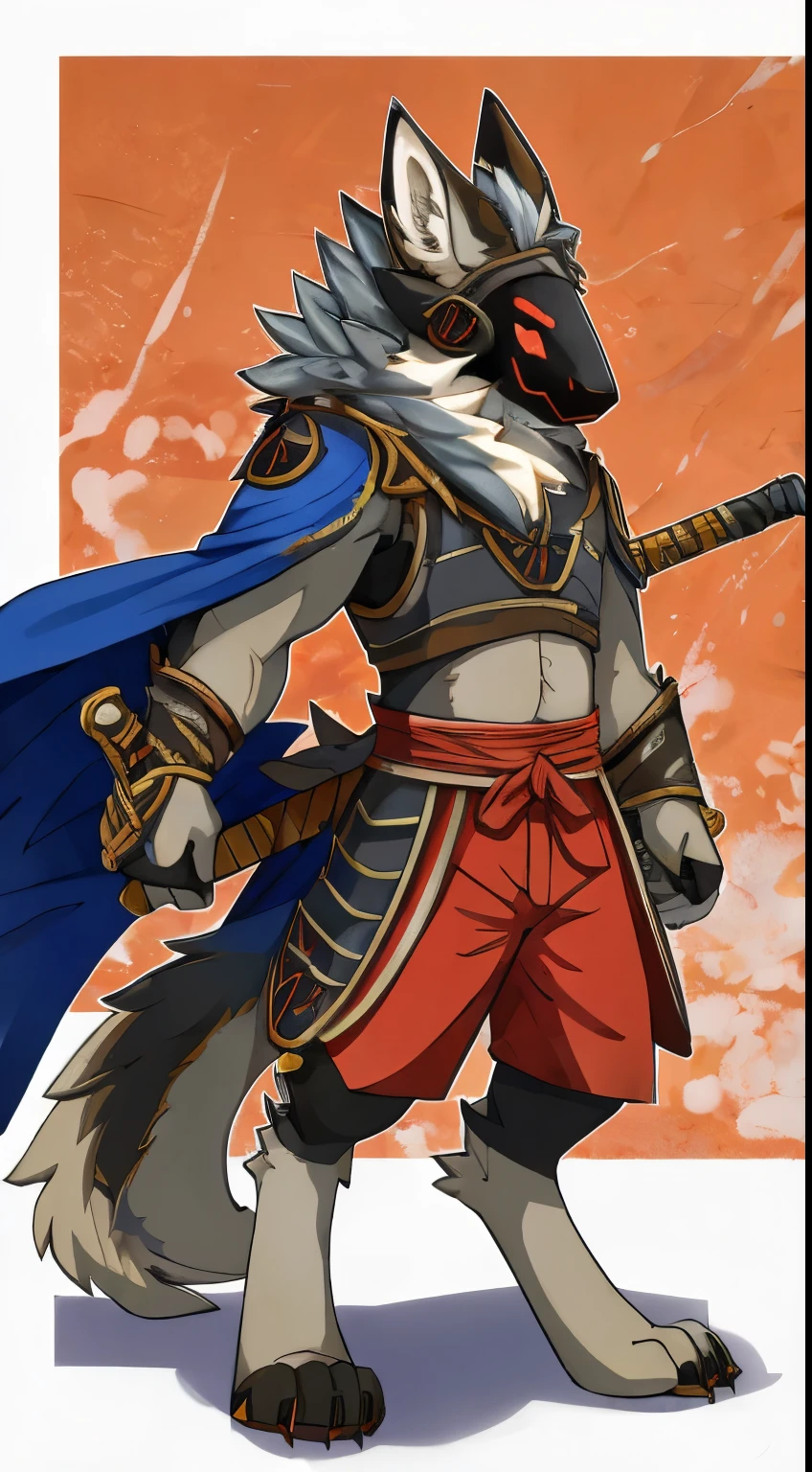 Japanese feel, Protogen, coyote, samurai, Sexy, blue cloak, samurai armor, Divided armor and sashimono, Kitsune-inspired armor, Sengoku period art style, sword