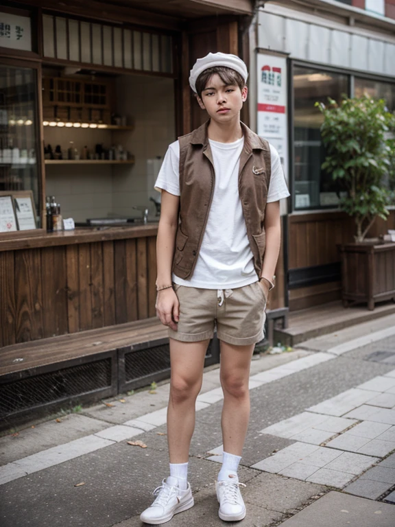 boy Wear a white shirt. Wear a brown vest Wear white shorts white sneakers Wear a brown beret., Men's fashion,Cute style,Earth tones,real life,korea,full entire body