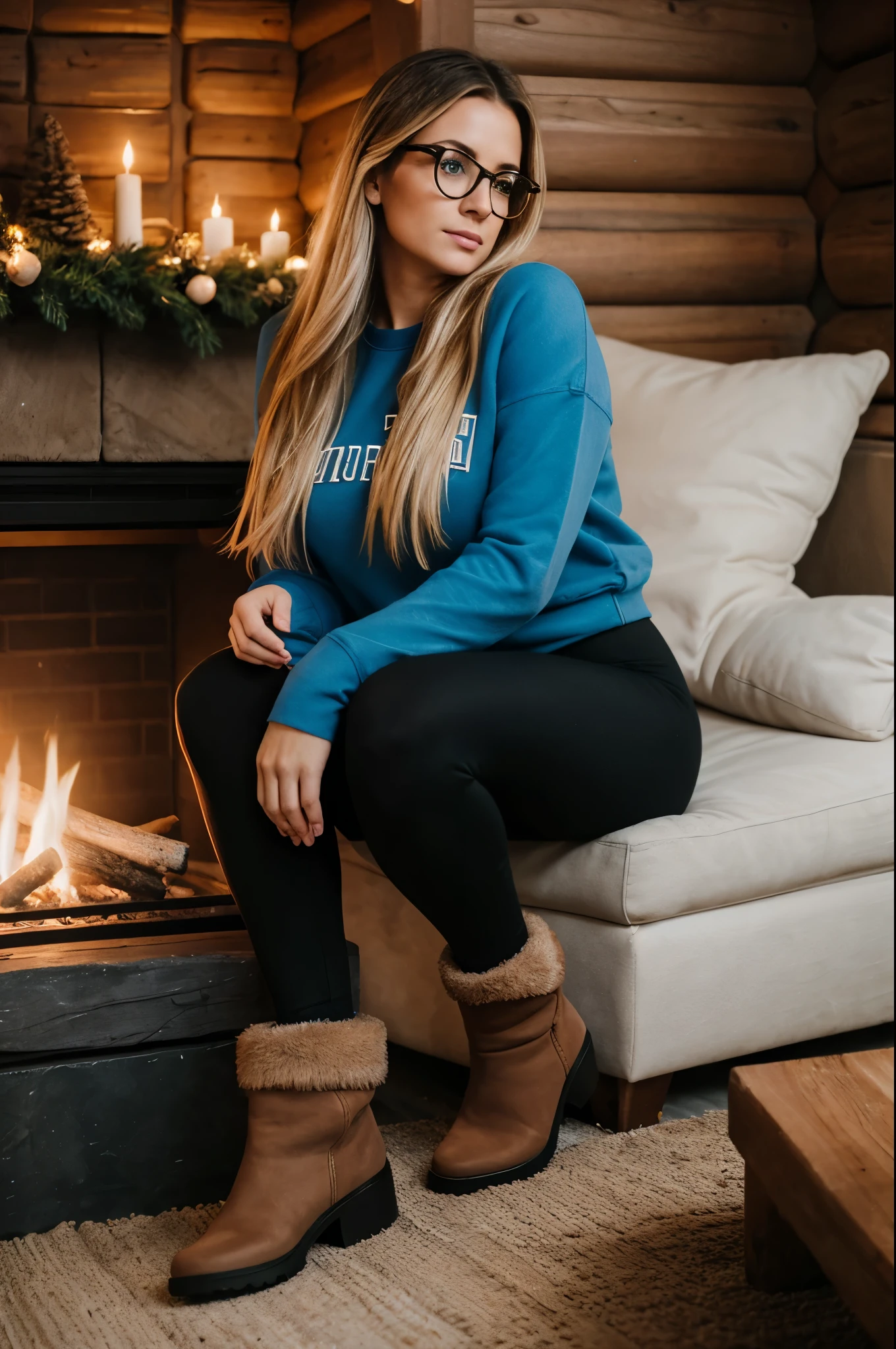 1woman, ombré blonde balayage hair, beautiful blue eyes, freckled face, beautifully detailed face, circle glasses, creame sweatshirt, seamless black leggings, fuzzy faux fur ugg boots, log cabin by fire place background, full body portrait.