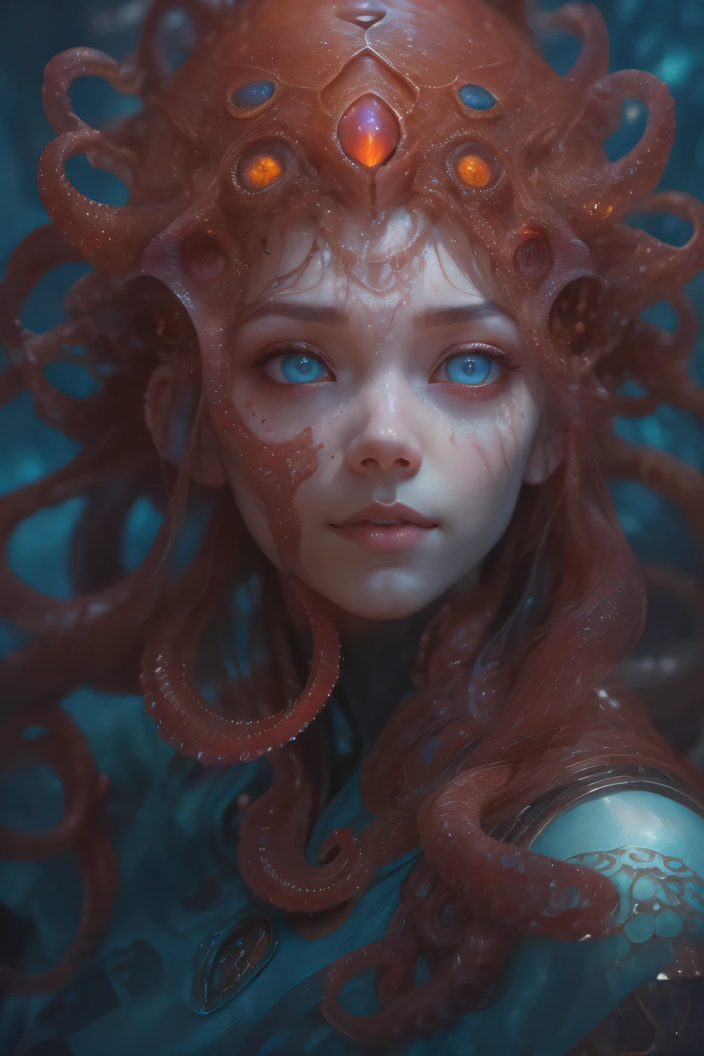 Portrait, (beautiful female alien:1.2),  (There is a female genital-like organ in the middle of the forehead:1.8), (The most beautiful face in the history of the universe:1.2), (scarlet eyes:1.6), (Translucent skin:1.8), an evil gaze that seduces , (red eyes:1.5), Full body like, (bio luminescent:1.2), (Smile wickedly:1.3),  (sexypose:1.5), alien, No humans, cells are fused, (Lots of translucent tentacles:1.1) (Translucent skin:1.3), extraterrestrial, cell, bio image, 魅惑的, Best Quality, 8K,4K_quality, High Definition, Dramatic Lighting, masutepiece:1.5,cinematic quality, detail up, (Intricate details:1.2), High resolution, High Definition, drawing faithfully, (Thick eyebrows:1.2), Beautiful eyes with fine symmetry, (Ultra detailed eyes:1.2),(Highly detailed face and eyes:1.2), (High-resolution red-eye:1.4), Intimate face, (Super detailed skin quality feeling:1.4), Perfect Anatomy,  (Beautiful toned body:1.5),  (Moist skin:1.2), No makeup, (dark circles:1.1), long canines, cinematic drawing of characters, ultra high quality model, cinematic quality, detail up, (Intricate details:1.2), High resolution, High Definition, drawing faithfully, Official art, Unity 8K wall  , 8K Portrait, Best Quality, Very High resolution, ultra detailed artistic photography, midnight aura,  unreal enginee 5, Ultra Sharp Focus, art by alberto seveso, ArtGerm, Roisch, intricate artwork, Medusa, best quality, masutepiece, ultra High resolution, (photos realistic：1.4), Ultra-realistic realism, dream-like,  nautilus, Creation of fantasy, Snail, Dream Snail,  biopunk nautilus, Thrilling color schemes， Ultra-realistic realism， seductively smiling, Blue tentacles