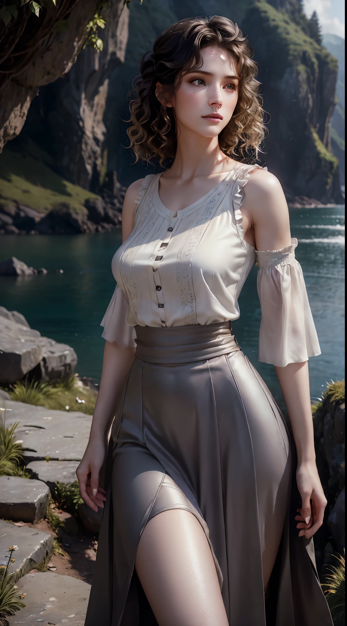 (Focus sharp:1.2), photore, Attractive young woman, (pretty face:1.1), 詳細な目, lusciouslips, (Smoky eye makeup:0.85), (medium:1.0), (Sporty body:1.2), (curlies:1.2), dressed in (long skirt:1.2) in a (cliffside:1.2). (moody light:1.2), depth of fields, bokeh, 4K, HighDynamicRange. elapse (James C. Christensen:1.2|JeremyLipking:1.1).