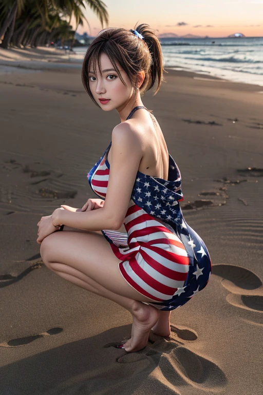 full body、arms behind head、1girl in、japanaese girl、22year old、short-hair、Dark blond hair、Ahoge、standing、American flag bikini、big breasts、cleavage of the breast、sullenness、kawaii、looking at viewer、s ass、