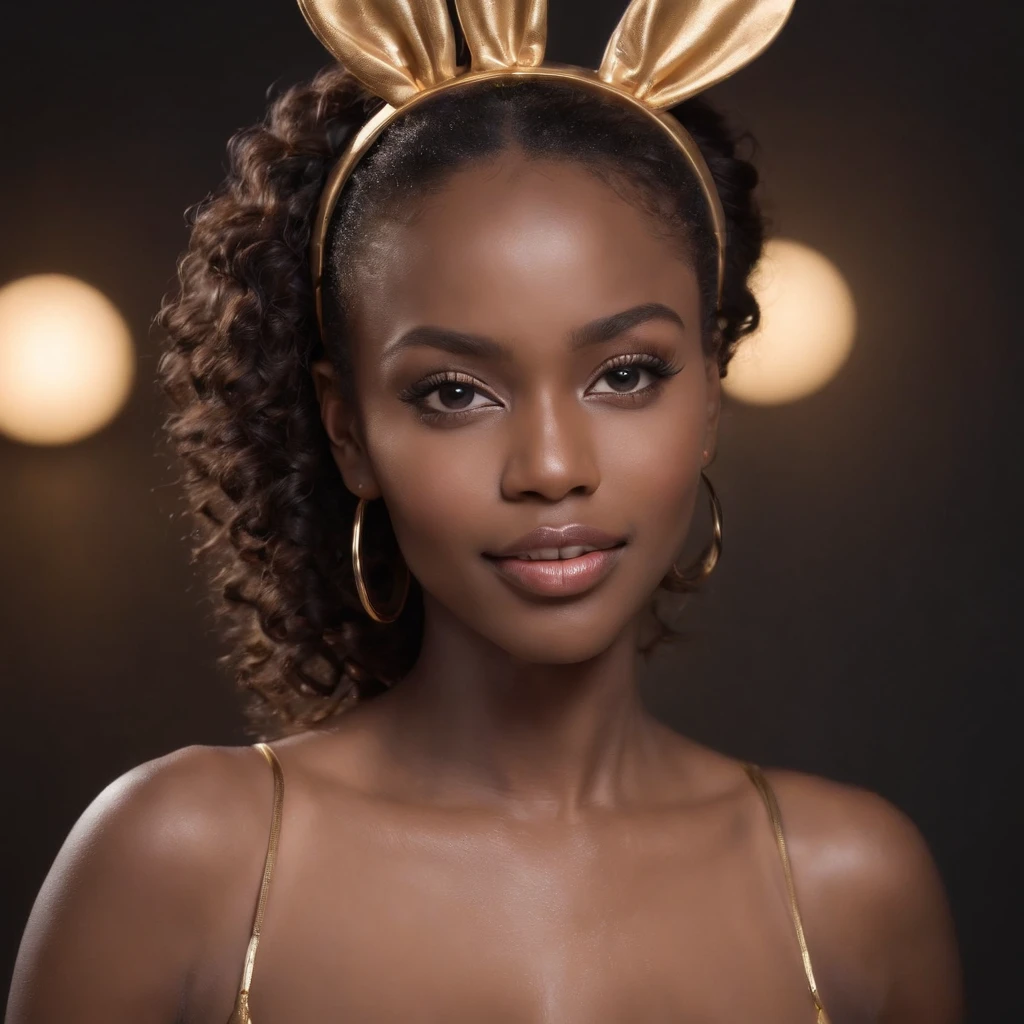 ((Dark African skin, Very deep ebony skin)), ((Its beauty undeniable)), ((Excited cute face)), ((Hyper detailed perfect eyes,)), ((pose mignonne)), ((Langue sortie)), ((Seductive )), sexy, ((one piece golden swimsuit)), ((traditional gold bunny suit)), ((bunny ears, bow tie)), ((bare shoulders, strapleslushinascara, smokey eye makeup, lipstick)), ((Afro ponytail with long African curly hair,)), (( peau)), ((front view)), ((full body)), ((confident pose)), ((oiled skin)), ((The Hague, modelling, black background)), ((bunny ears)), Sharp Focus CGI, photoreallistic, High detail, Realstic, Masterpiece, absurdes, Best quality, Hdr, High quality, high-definition, Extremely detailed, 8k wallpaper, Intricate details, 8K UHD, Full-HD, (photo realist:1.2), contraste, intense illumination, lighting cinematic, natural lighting, veilleuse, Nuit, Illumination globale, Laughing out loud, a la piscine African women、Female sexy, the hague