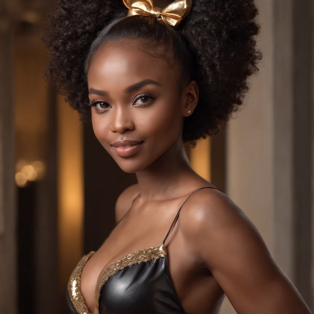 ((Dark African skin, Very deep ebony skin)), ((Its beauty undeniable)), ((Excited cute face)), ((Hyper detailed perfect eyes,)), ((pose mignonne)), ((Langue sortie)), ((Seductive )), sexy, ((one piece golden swimsuit)), ((traditional gold bunny suit)), ((bunny ears, bow tie)), ((bare shoulders, strapleslushinascara, smokey eye makeup, lipstick)), ((Afro ponytail with long African curly hair,)), (( peau)), ((front view)), ((full body)), ((confident pose)), ((oiled skin)), ((The Hague, modelling, black background)), ((bunny ears)), Sharp Focus CGI, photoreallistic, High detail, Realstic, Masterpiece, absurdes, Best quality, Hdr, High quality, high-definition, Extremely detailed, 8k wallpaper, Intricate details, 8K UHD, Full-HD, (photo realist:1.2), contraste, intense illumination, lighting cinematic, natural lighting, veilleuse, Nuit, Illumination globale, Laughing out loud, a la piscine African women、Female sexy, the hague