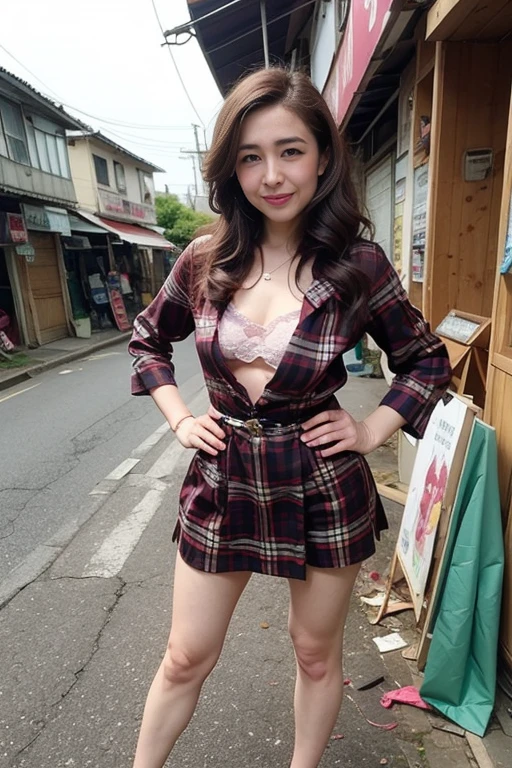 (high-level image quality、hightquality、hight resolution、masterpiece、detaileds、8K)、(a matural female)、(Crying face)、(wearing a big collar)、 (Brown long-haired)、(messy curly hair)、(lean body)、(small udder)、(Wearing lingerie)、(Wearing a garter belt)、 (Wearing a jacket)、 (She is wearing a tartan check micro miniskirt.)、(Wearing pin heels)、(Showing armpits)、(standing with hands on hips)、 (Holding something in your hand)、(The weather is cloudy、A dilapidated shopping street with no people)、(Things are scattered around:1.3)、(The background is cluttered)、