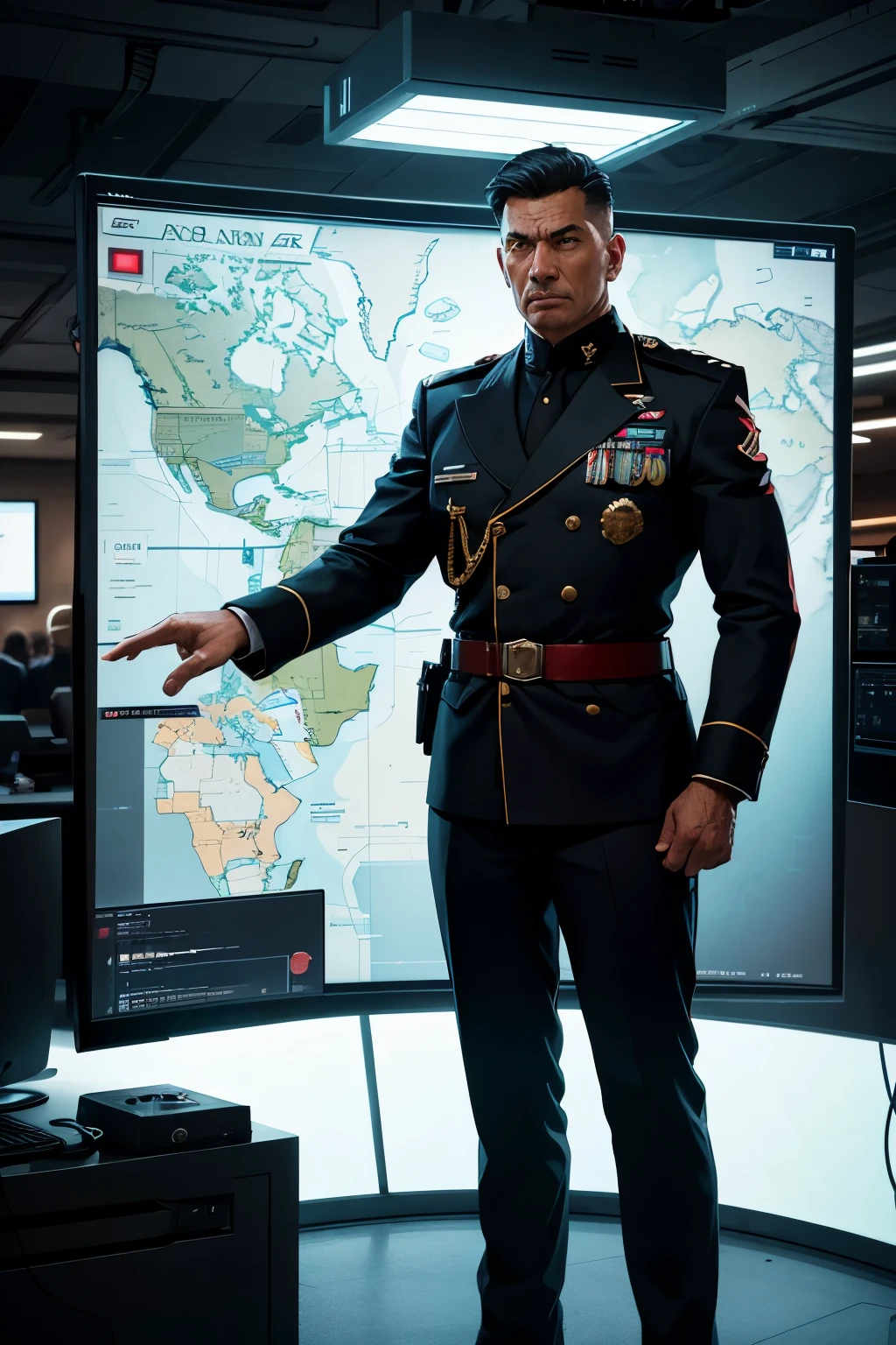 Major General middle-aged man, the background is a large scientific observation station with many big screens, proud expressions