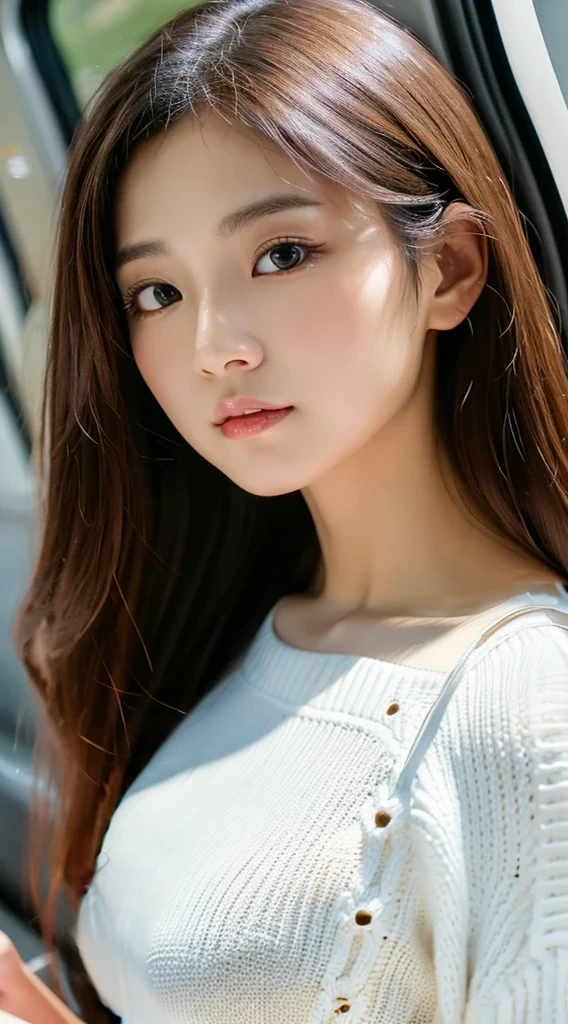 1 mature gentle woman walking on the river, 23 years old, round chin, double eyelids, smile, mix 4, sweater, pillow, lips, open_mouth, realism, photo_\(medium), solo, stuffed_animal, stuffed_toy, teddy_bear, (masterpiece), (realistic: 1.3), ultra detail, (high detail skin: 1.2), (best quality: 1.0), (super high resolution: 1.0), (ulzzang-6500:0.3), wavy detail hair, long hair, sunshine, (beautiful detail makeup), (sexual arousal blush heavy breath: 1.0), floral theme petals scattered, (soft glow flood: 0.5)