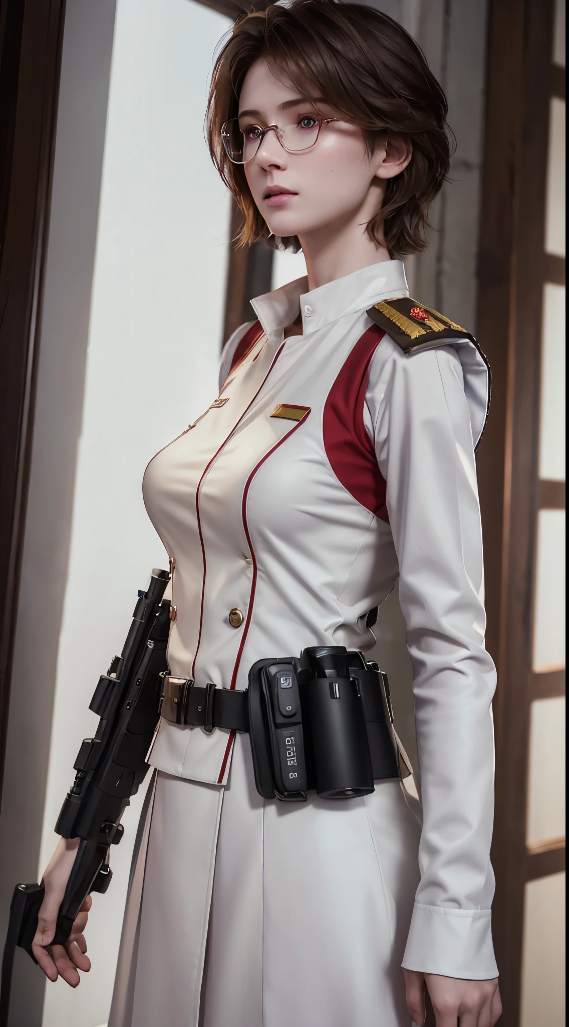 tmasterpiece , one-girl, at the battlefield, ( light white short hair:1.2), (red eyes:1.2), (Russian military uniform:1.2), (looking at viewert:1.2) , (8K, best quality 1.2), ultra - detailed, 8K uhd, gentlesoftlighting, high qulity, filmgrain, beautiful light up, Cinematic ,perfect bodies , best illuminate, The best shadow, Sharpness, to contrast, red-tinted glasses, messy  hair, tactical vest, mitts, Earphone, absurdres high detailed face