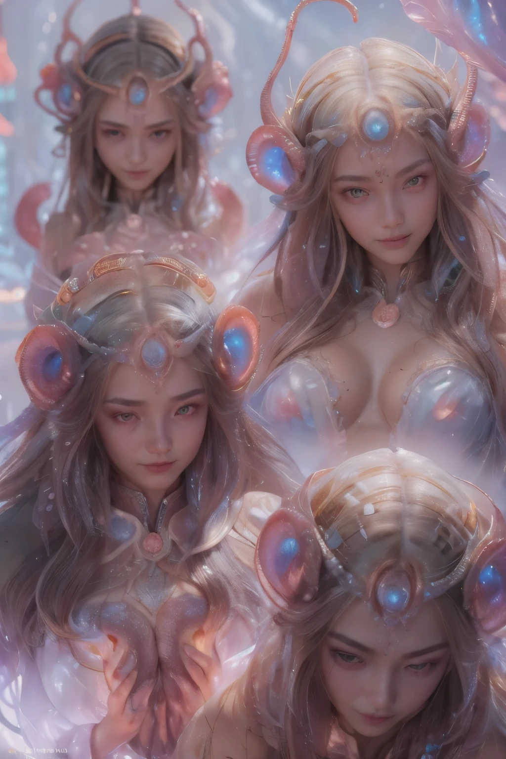 Portrait, (beautiful female alien:1.2), (There is a female genital-like organ in the middle of the forehead.:1.8), (The most beautiful face in the history of the universe:1.2), (scarlet eyes:1.6), (Translucent skin:1.8), an evil gaze that seduces, (red eyes:1.5), lick one's tongue in front of one's prey, Full body like, (bio luminescent:1.2), (Smile wickedly:1.3), (sexypose:1.5), alien, No humans, cells are fused, (Lots of translucent tentacles:1.1) (Translucent skin:1.3), extraterrestrial, cell, bio image, 魅惑的, Best Quality, 8K,4K_quality, High Definition, Dramatic Lighting, masutepiece:1.5,cinematic quality, detail up, (Intricate details:1.2), High resolution, High Definition, drawing faithfully, (Thick eyebrows:1.2), Beautiful eyes with fine symmetry, (Ultra detailed eyes:1.2),(Highly detailed face and eyes:1.2), (High-resolution red-eye:1.4), Intimate face, (Super detailed skin quality feeling:1.4), Perfect Anatomy, (Beautiful toned body:1.5), (Moist skin:1.2), No makeup, (dark circles:1.1), long canines, cinematic drawing of characters, ultra high quality model, cinematic quality, detail up, (Intricate details:1.2), High resolution, High Definition, drawing faithfully, Official art, Unity 8K wall , 8K Portrait, Best Quality, Very High resolution, ultra detailed artistic photography, midnight aura, unreal enginee 5, Ultra Sharp Focus, art by alberto seveso, ArtGerm, Roisch, intricate artwork, Medusa, best quality, masutepiece, ultra High resolution, (photos realistic:1.4), Ultra-realistic realism, dream-like, nautilus, Creation of fantasy, Snail, Dream Snail, biopunk nautilus, Thrilling color schemes, Ultra-realistic realism, seductively smiling, Blue tentacles