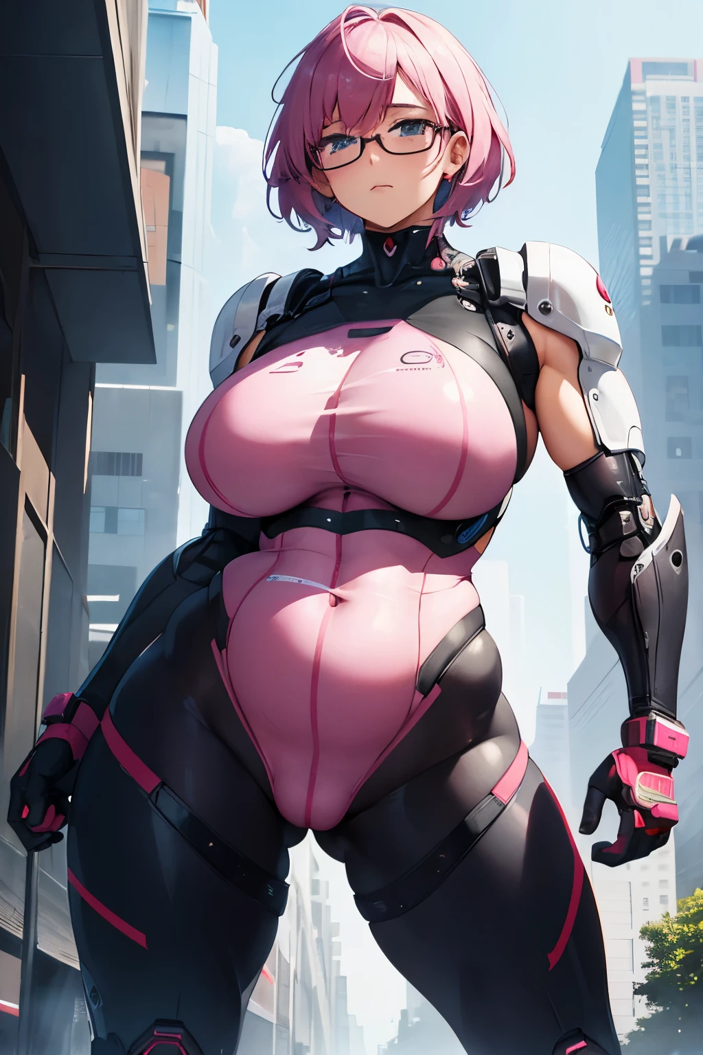 (best quality,highres:1.2),ultra-detailed,(realistic:1.37) (a girl), anime style, (fat:1.4) , cyber punk , full body tight suit , (covered nipples:0.9) , (breasts:1.1) , (muscular:1.3) , (abs:1.1) , (thick arm:1.4) , thick thigh , huge hip , pale pink hair , short hair , dark skin , pregnant , ahegao , black glasses , spread legs , cyborg girl , robot joint , robot shoulder ,