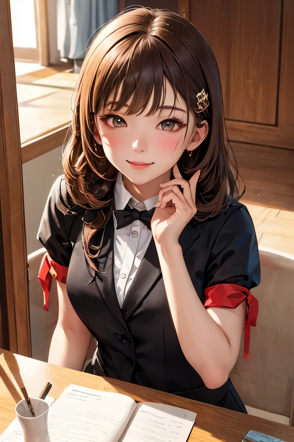 Film composition, isometric, 1girl in, 独奏, cute little, brown-eyed, A dark-haired, bangss, One-sided hair, red hairclip, White collared shirt, Black tie, Black pants, Formal, a captivating gaze, Pose Seductive, inside the house, s Office, door, doorを開ける, Look at viewers, peeking out upper body, red blush, seducting smile, Mouth closed,(8k:1.1),masuter piece:1.3、top-quality、ultra-detailliert、illustratio、