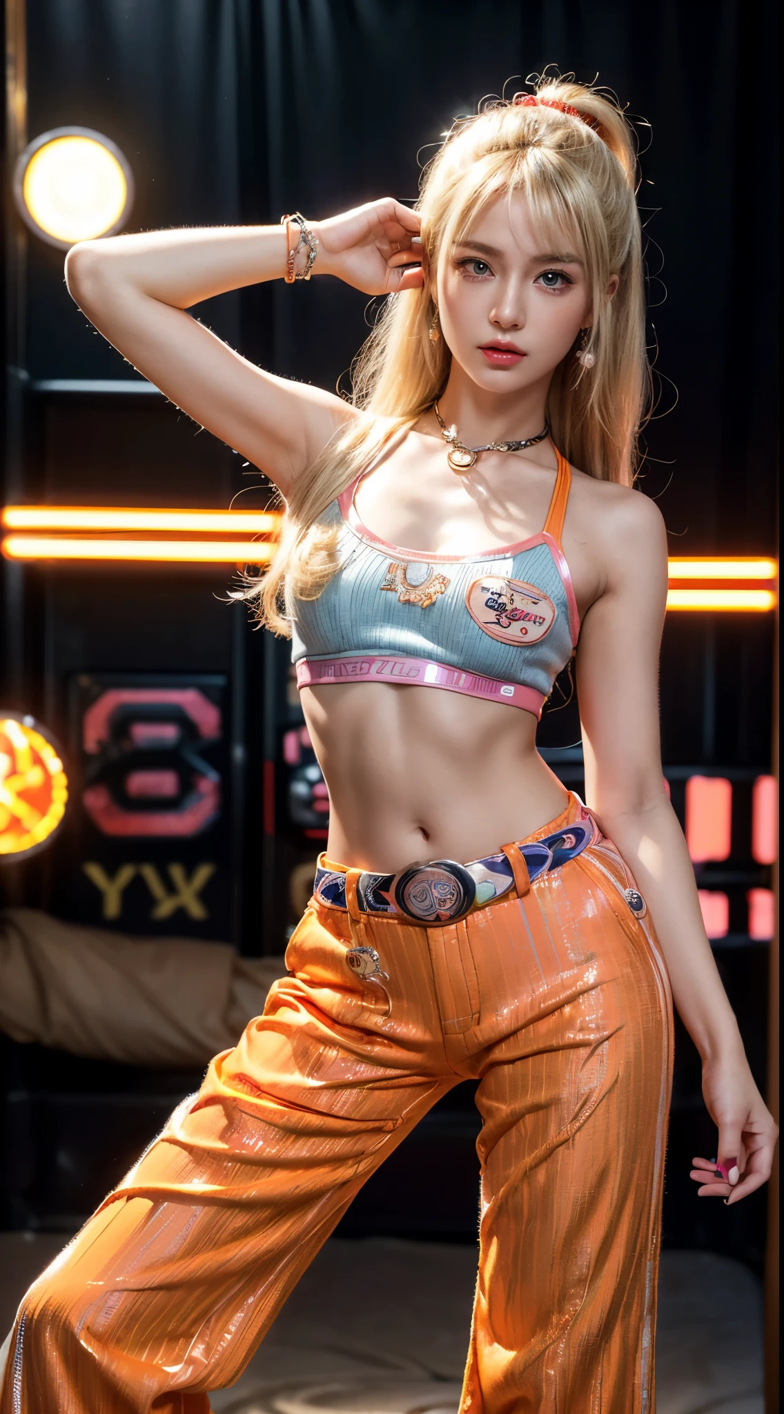 (Ultra-detailed eyes), (((textile shading))), (((Best Quality))), (((masutepiece))), (((Ultra-detailed CG))), sassy girl, (((magical little girl))), (Petite), (tiny chest), blonde hair, blonde hair, blonde hair, pin up emo, ((gorgeous hair)), Pink eyes, (((retro style, vibrant orange trousers, paired flawlessly with a striking Tape logo patch-detail belt, y2k))), ((striking a pose)), (((Game CG)) (gorgeous, sassy, it girl), fancy jewelry, full led on background, sparkling led on background, retro light, retro vibe, light retro led, magic disco light led, strong 80s atmosphere, cowboy shot, midshot, centered image, eye on camera, front look