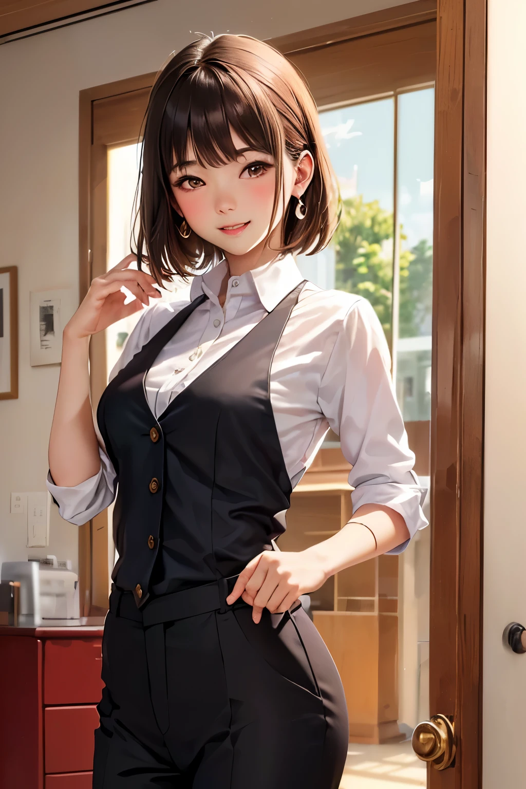 Film composition, isometric, 1girl in, 独奏, cute little, brown-eyed, A dark-haired, bangss, One-sided hair, red hairclip, White collared shirt, Black tie, Black pants, Formal, a captivating gaze, Pose Seductive, inside the house, s Office, door, doorを開ける, Look at viewers, peeking out upper body, red blush, seducting smile, Mouth closed,(8k:1.1),masuter piece:1.3、top-quality、ultra-detailliert、illustratio、