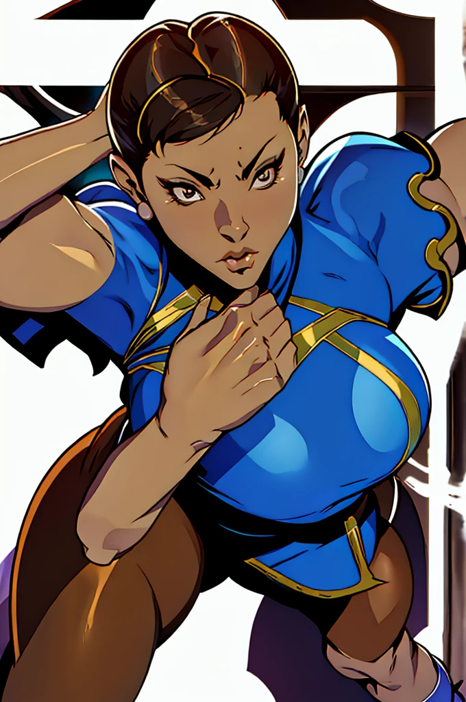 Masterpiece, Professional,  High Definition - quality, sharp focus, perfect artwork, Best Illustration,  trending on artstation, UHD, 4k, full body, NSFW
(1girl), (solo:1.4), Chun-li, sf2 chun, 40 years old, mature looking woman, MILF, (in a blue and gold qipao embroidered, cleavage, brown leggings, loincloth), (brown eyes, short hair, brown hair, double bun), oppai proportions, japanese goddess, highly detailed, large breasts, cleavage, nipple outline, shiny skin, perfect body, perfect face, hyper-realistic anime, posing for a picture,