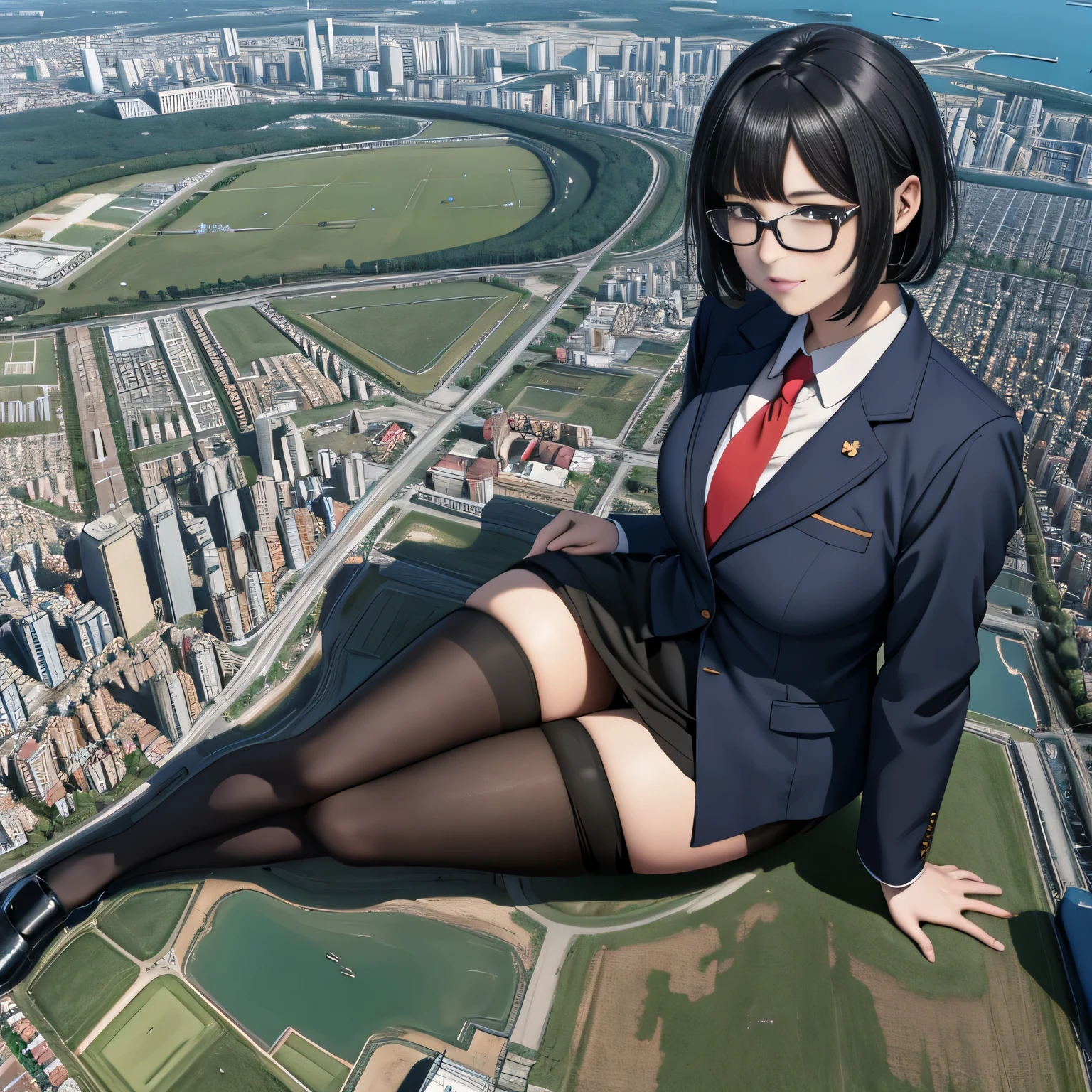 giantess art, a hyperrealistic schoolgirl, 非常に詳細なder rieseショット, der riese, Shorthair, Black pantyhose, a huge high school girl、&#39;It&#39;s much bigger than a skyscraper, Wearing rimless glasses, Colossal tits, Navy blue blazer, Red tie, Mini Length Skirt, Black pantyhose, I'm not wearing shoes., very small metropolis, miniature metropolis, 足元までの高さしかないminiature metropolisで、squatting and urinating, The city is a sea of urine, tsunami of urine, Small trains and cars are washed away with urine., Full body depiction, nffsw, Giga Giants, Black pantyhose, Pantyhose legs, Pantyhose feet, ,Stomping City,crash city,Small town,micro city, Peeing,