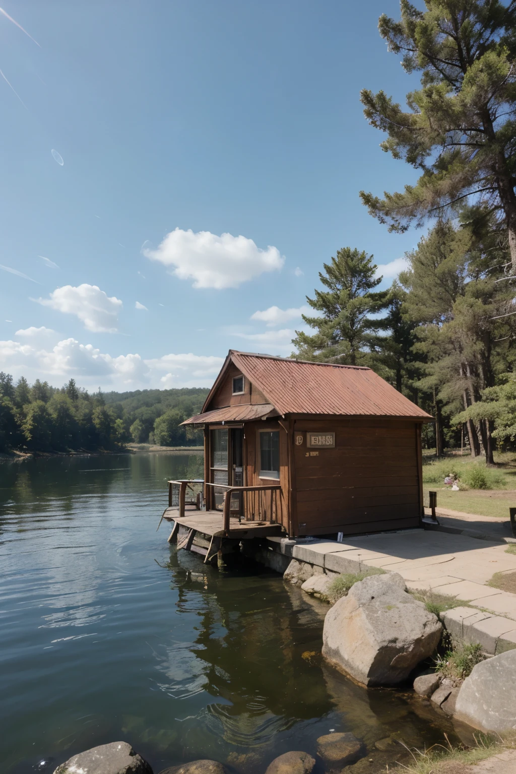 ((best quality)), ((masterpiece)), (detailed), (realistic ART), little Red cabine on Center of a big lake, some rocks on edge of lake, some tall trees. It's day and the Sun is on top. No clouds.