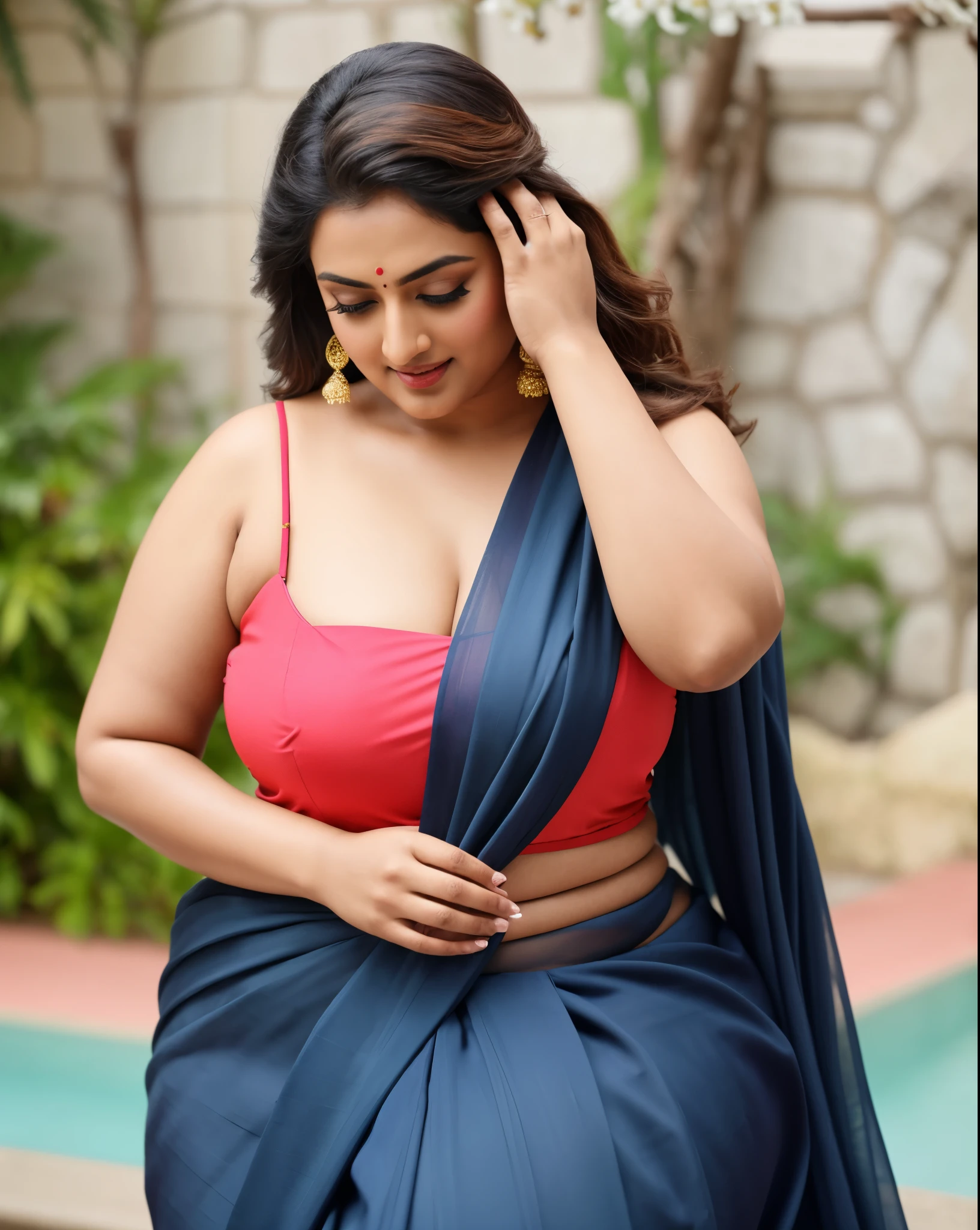 Foto RAW, photorealistic, photography, full body shot, master shot, perfect eyes, goddess like beauty, perfect thick chubby mallu Desi aunty bhabhi, Wearing a Stanapatta, a chest-band.Saree model, model Photography, Indian saree shoot, Indian traditional wear advertising photography, traditional wear brand shoot, face of Indian actress Sonakshi Sinha, masterpiece, realistic, realism, incredible details, pleasure, photorealism, detailed skin, skin pores, high contrast, photorealistic Artstation 8k HD digital art trend of high definition and detailed realistic skin texture, ultra detail, realistic skin texture, armature, best quality, ultra high definition, (photorealistic:1.4),, high resolution, detail, raw photo, Re sharp, by Lee Jefferies Nikon D850 Film Stock Photo 4 Kodak Portra 400 Camera F1.6 Lens Rich Color Ultra Real Realistic Realistic Textures Dramatic Lighting Unreal Engine Trending at Art Station Cinestill 800,(pele altamente detalhada: 1.2), 8k UHD, DSLR, soft-lighting, alta qualidade, grain of film, Fujifilm XT3,she didn't like to wear blouse or bra, she happy to wear only saree, she hates blouse or bra, detailed hairy armpits,