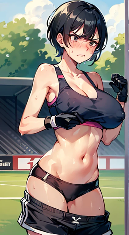 Photo of a asian female soccer player with saggy breasts, (((undressing))) in the middle of soccer field, 20yo, petite, slender body, tall body, fair skin, dimples, light, detailed face, embarrassed face, ((looking disgusted)), ((very angry)), (dissapointed), Perfect breasts, big breasts, natural breasts, big nipples, E cup, (((short hair))), (((jersey))), (((undress sport bra))), (((goalkeeper gloves))), (((pulled down short pants))), (((sport underwear))), (sweat:1), (wet)