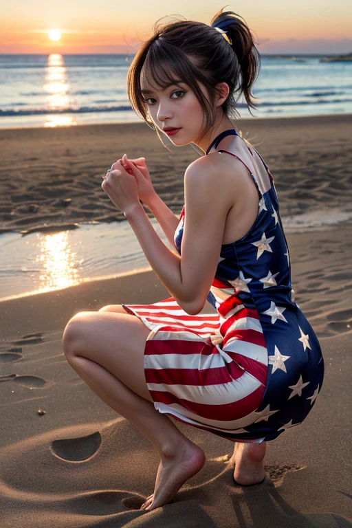 masutepiece, Best Quality, 23years old,Ultra-detailed, finely detail, hight resolution, 8K Wallpaper, Perfect dynamic composition, Natural Color Lip,(she is wearing a short dress with stars and stripes.:1.5),(Ponytail:1.3),drawn action: (Girl is squatting,barefoot on the sand 1.3),,(silk american flag dress:1.4)20 years girl,(Full body:1.3),shot from a side angle:1.3,Enjoy the sunset,,((Sexy Pose))