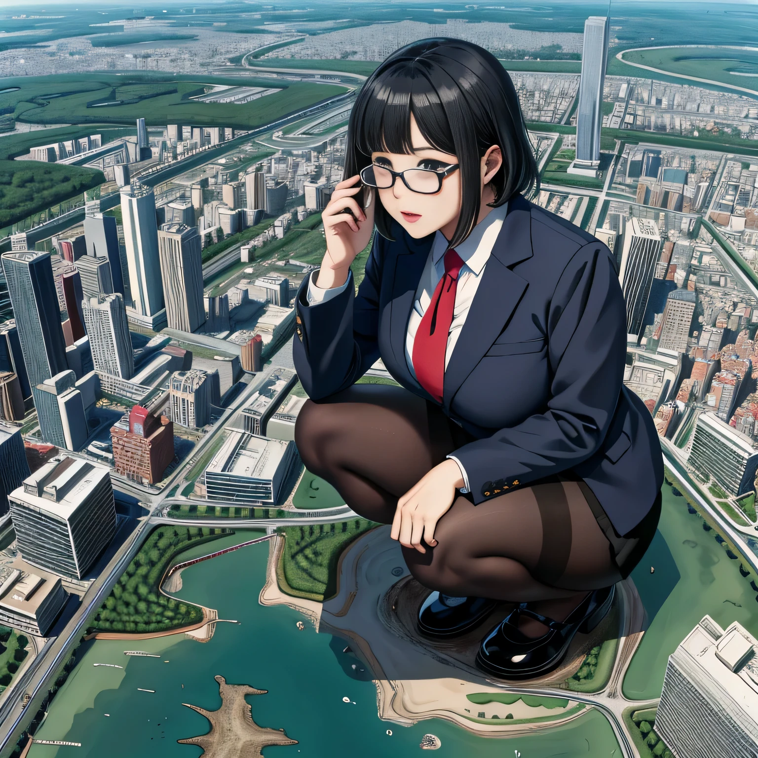 giantess art, a hyperrealistic schoolgirl, 非常に詳細なder rieseショット, der riese, Shorthair, Black pantyhose, a huge high school girl、'It's much bigger than a skyscraper, Wearing rimless glasses, Colossal tits, Navy blue blazer, Red tie, Mini Length Skirt, Black pantyhose, I'm not wearing shoes., very small metropolis, miniature metropolis, 足元までの高さしかないminiature metropolisで、squatting and urinating, The city is a sea of urine, tsunami of urine, Small trains and cars are washed away with urine., Full body depiction, nffsw, Giga Giants, Black pantyhose, Pantyhose legs, Pantyhose feet, ,Stomping City,crash city,Small town,micro city, Peeing,