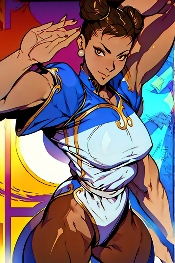 chun li, street fighter, belas coxas grossas, coxas sexys, pose de luta, olhando para frente, belos olhos escuros, olhos detalhados, belo rosto, brown tights, botas brancas