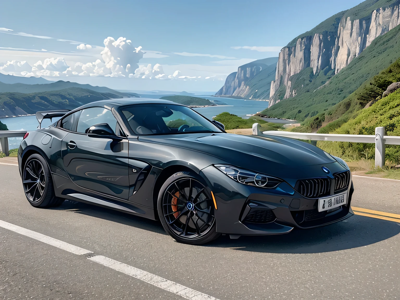 1womanl、Stand next to the car、超A high resolution、An ultra-high picture quality、8K、Wonderful expression with attention to detail、early summer coastline、A white sports car stopped on a mountain road、BMW Z1 Sports Coupe