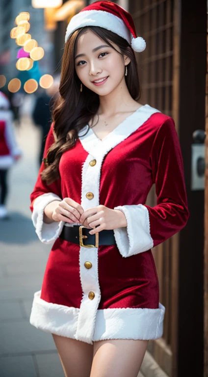 anatomically correct tre,a masterpiece of,high image quality,(cute santa claus outfit:1.5),(The material of the dress is good quality velvet.:1.4),(The white fur part of the outfit is mink fur.., Focus on fluffiness:1.4),20 age, Japanese Girls, (Random posture:1.4),Professional lighting,((Japanese hair)),((A natural smile)),detaildพิเศษที่แฝงอยู่、High quality surface、detaildที่ซับซ้อน、detaild、CG ที่มีdetaildมาก、high quality shadow、detaildใบหน้าที่บอบบางสวยงาม、detaild ดวงตาที่บอบบางสวยงาม、deep depth of field、Ray Thrashing,1girl in, Japan girls, Fashion model, slim,Warm atmosphere,Outside the house with Christmas atmosphere