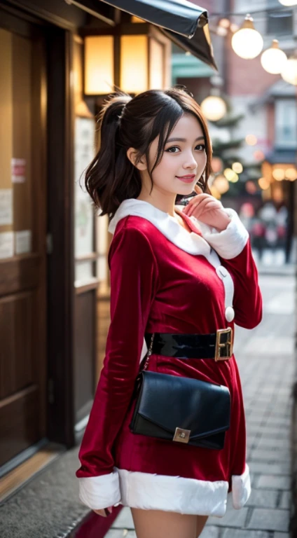 anatomically correct tre,a masterpiece of,high image quality,(cute santa claus outfit:1.5),(The material of the dress is good quality velvet.:1.4),(The white fur part of the outfit is mink fur.., Focus on fluffiness:1.4),20 age, Japanese Girls, (Random posture:1.4),Professional lighting,((Japanese hair)),((A natural smile)),detaildพิเศษที่แฝงอยู่、High quality surface、detaildที่ซับซ้อน、detaild、CG ที่มีdetaildมาก、high quality shadow、detaildใบหน้าที่บอบบางสวยงาม、detaild ดวงตาที่บอบบางสวยงาม、deep depth of field、Ray Thrashing,1girl in, Japan girls, Fashion model, slim,Warm atmosphere,Outside the house with Christmas atmosphere