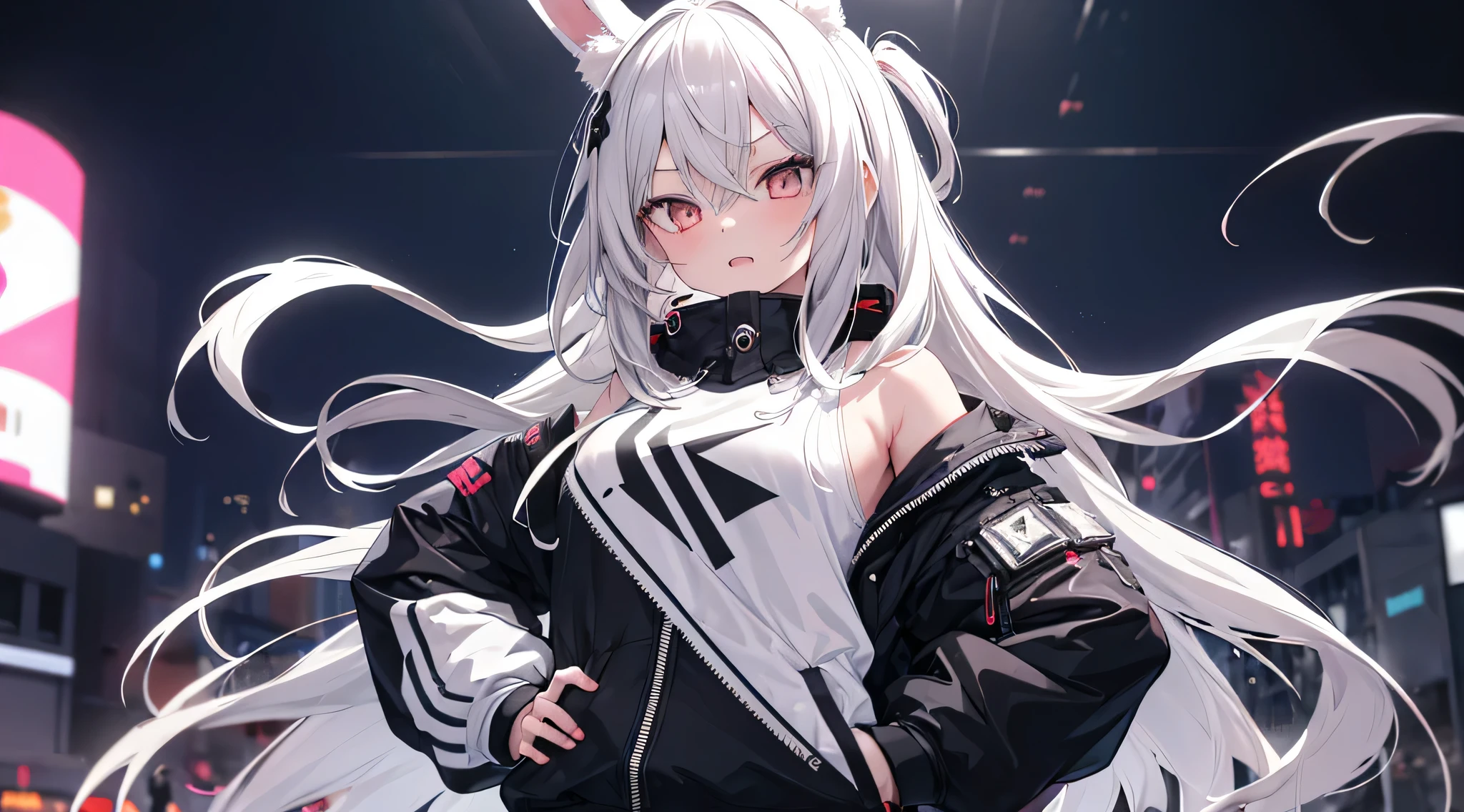 tmasterpiece,1 girl,独奏,Long gray hair,white color hair,hoody,cropped shoulders:1.2,bunny ears,the street,hand on hips,hand on pockets,Upper part of the body,The background is blurred out,cyber punk personage,light wind,eyes looking at viewer,Bad laughs,Winters,