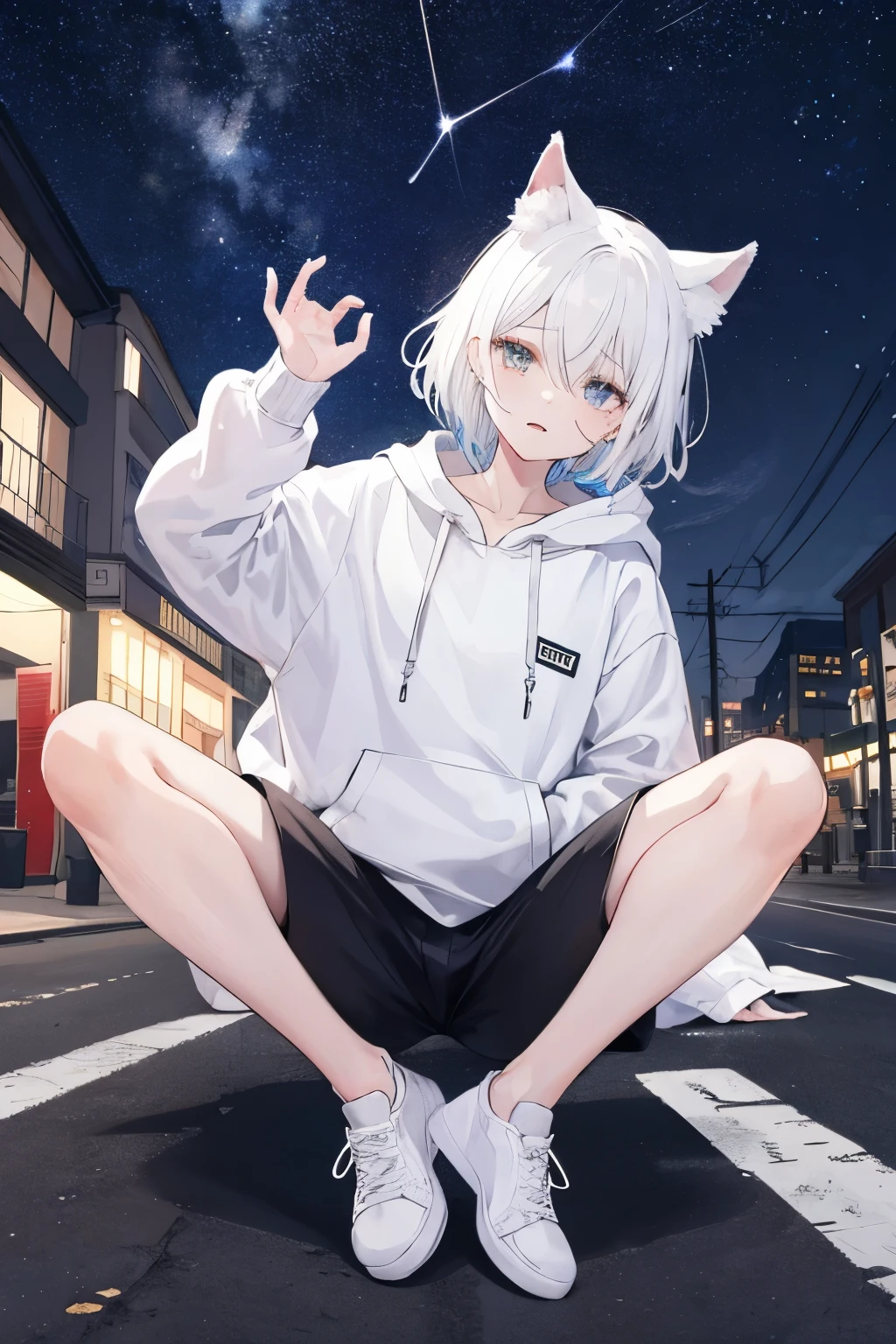 Height: 168 cm, white hair, cat ears, white hoodie, super short pants, B cup, plain shoes, a road at night with no cars, crying and looking up at the stars, his right hand in his hoodie pocket, his left hand touching his bangs, looking a bit stretched out.