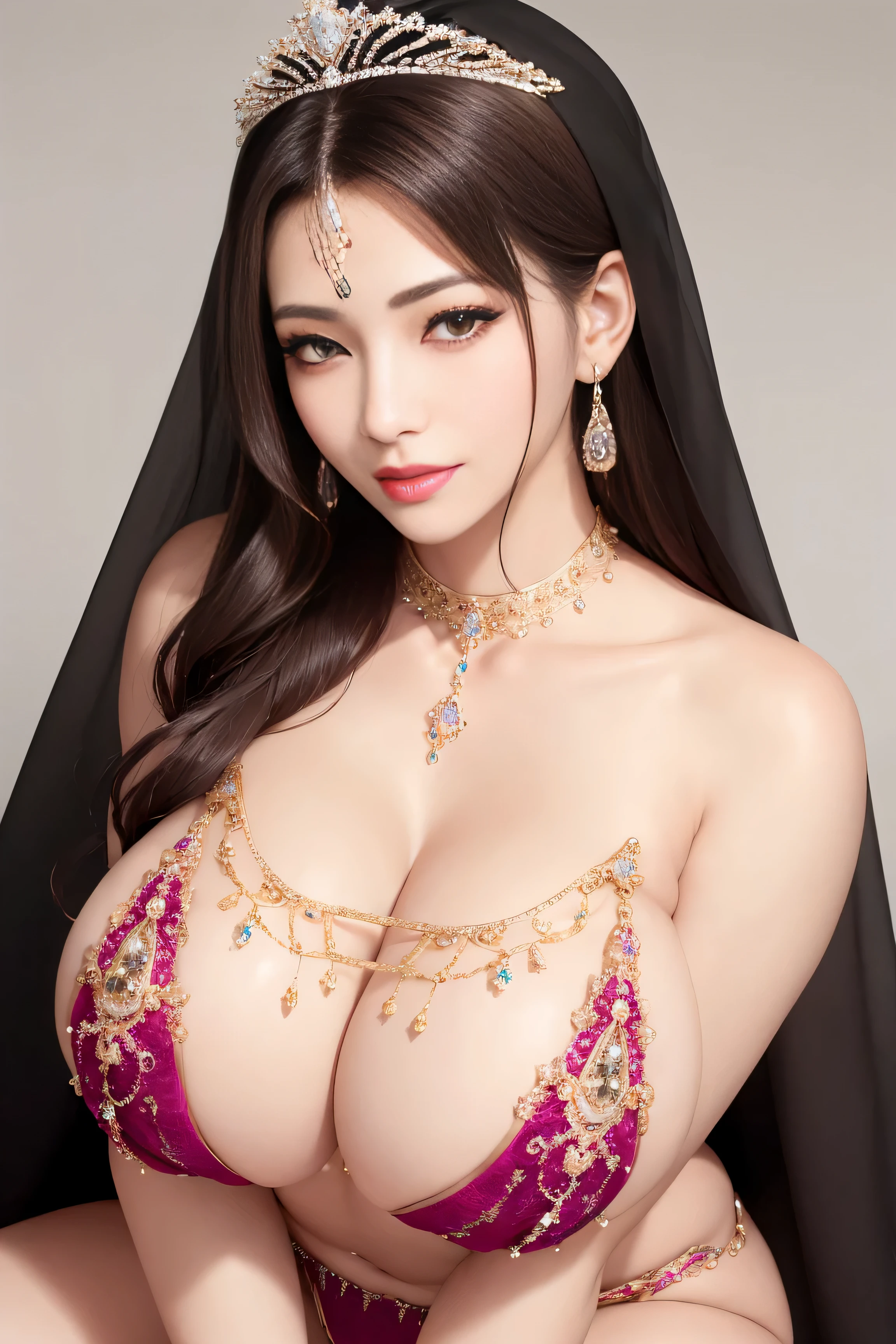 ヒスパニック系のA MILF、Beautuful Women、A MILF、妖艶なBeautuful Women、妖艶なA MILF、Huge breasts、Solo、looks like the queen of pakistan、wearing a richly decorated veil、wearing a gorgeous micro bikini、Wear with voluminous, full-length pieces embellished with embroidery and jewels.、wears gorgeous shiny jewelry、She wears a luxurious tiara that shines like a jewel..、With a bewitching smile、Open the crotch、Showing cleavage, Looking at Viewer