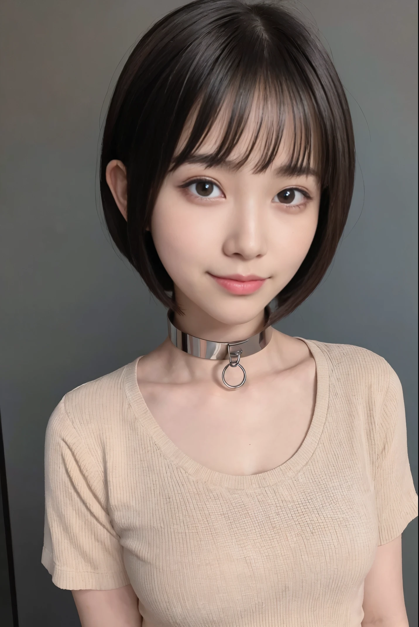 (8K, An ultra-high picture quality,top-quality),(masterpiece:1.5),face,looking at viewer,(simple background),femele,short sleeved shirt,((Iron collar)),((short hair))red blush,a smile